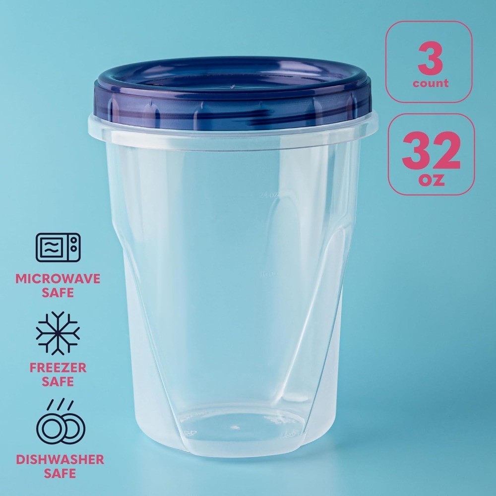 Plastic Food Deli Containers With Twist Top Lids – (32 Oz) – [3 Pack] – Soup &