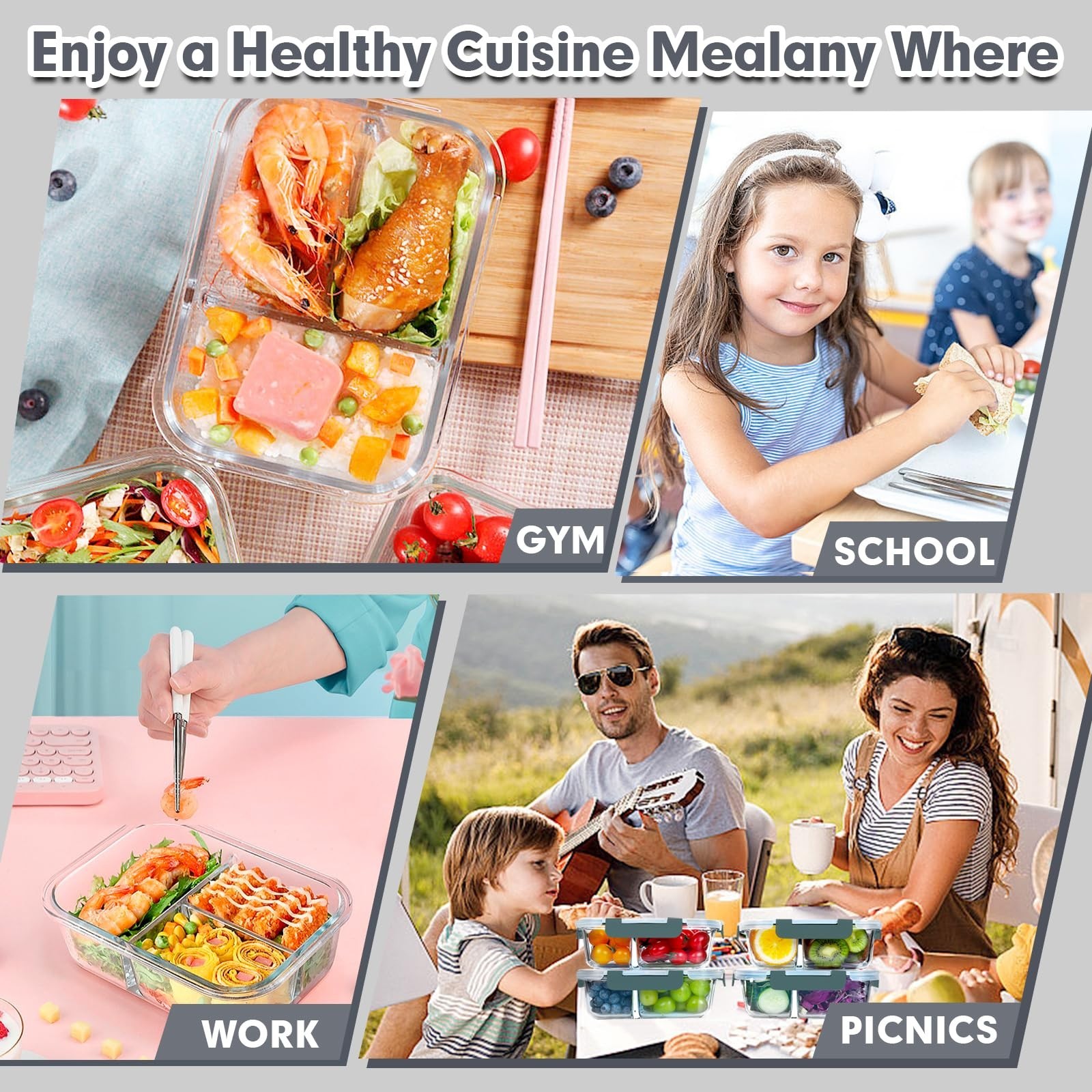 5 Pack Glass Meal Prep Containers – 3 Compartment, 36oz Airtight Food Storage, M
