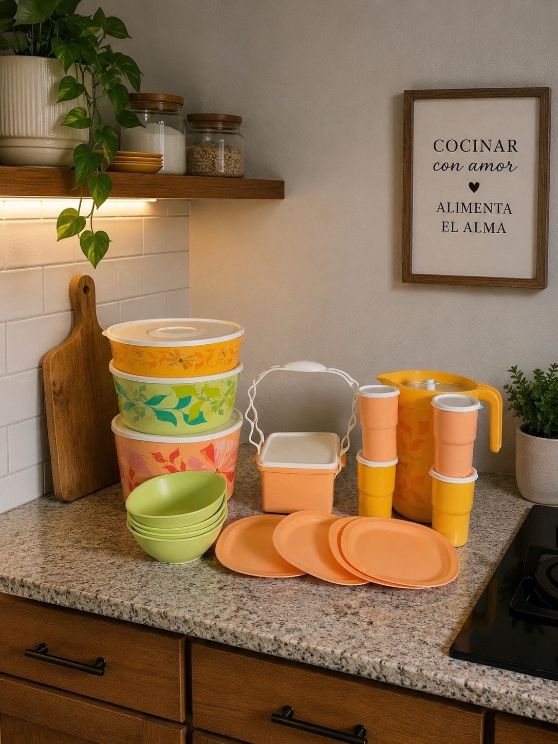 Multicolor Floral Round Plastic Storage Container Set w/ Snap Lids, 4-Piece