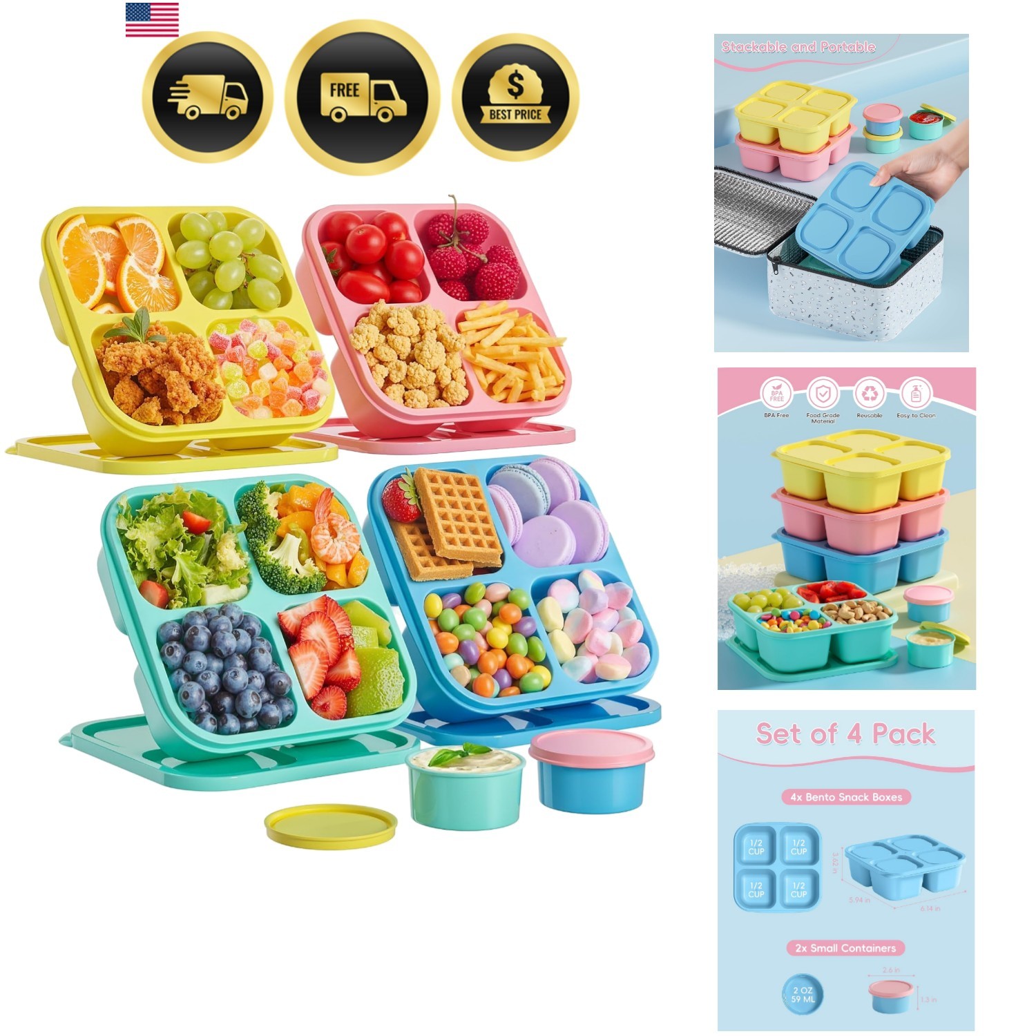 4 Pcs Snack Box Containers Set, Reusable 4 Compartment Lunchable Container wi…
