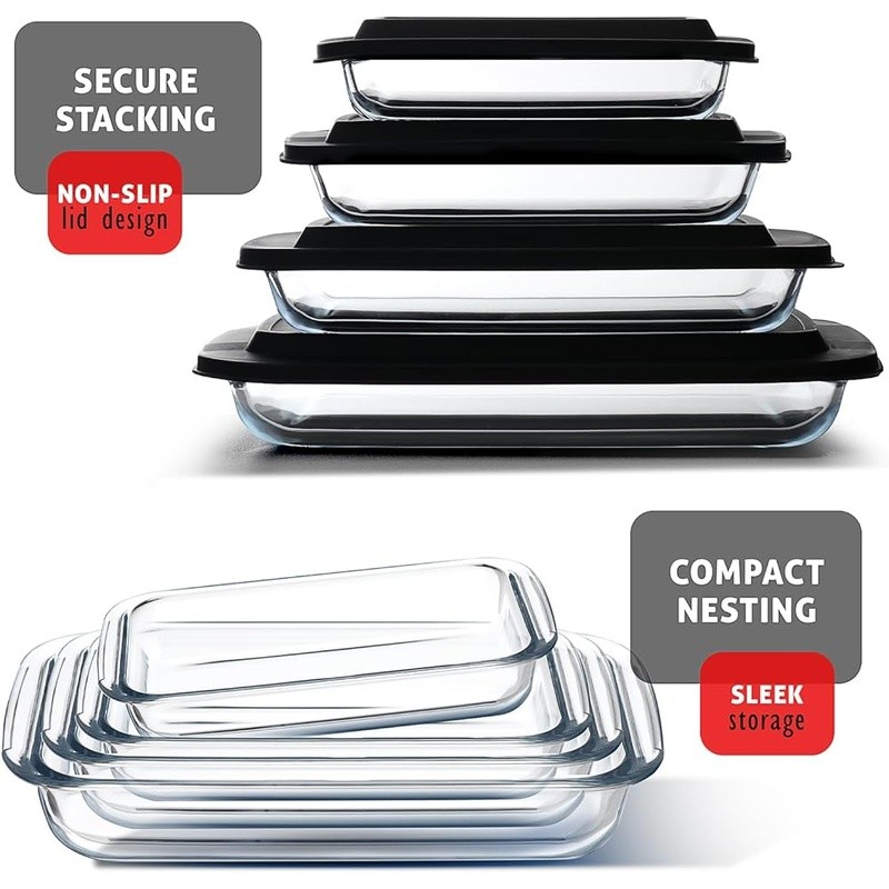 Glass Food Storage Containers 8pc Airtight Bakeware Set Oven Microwave Safe New