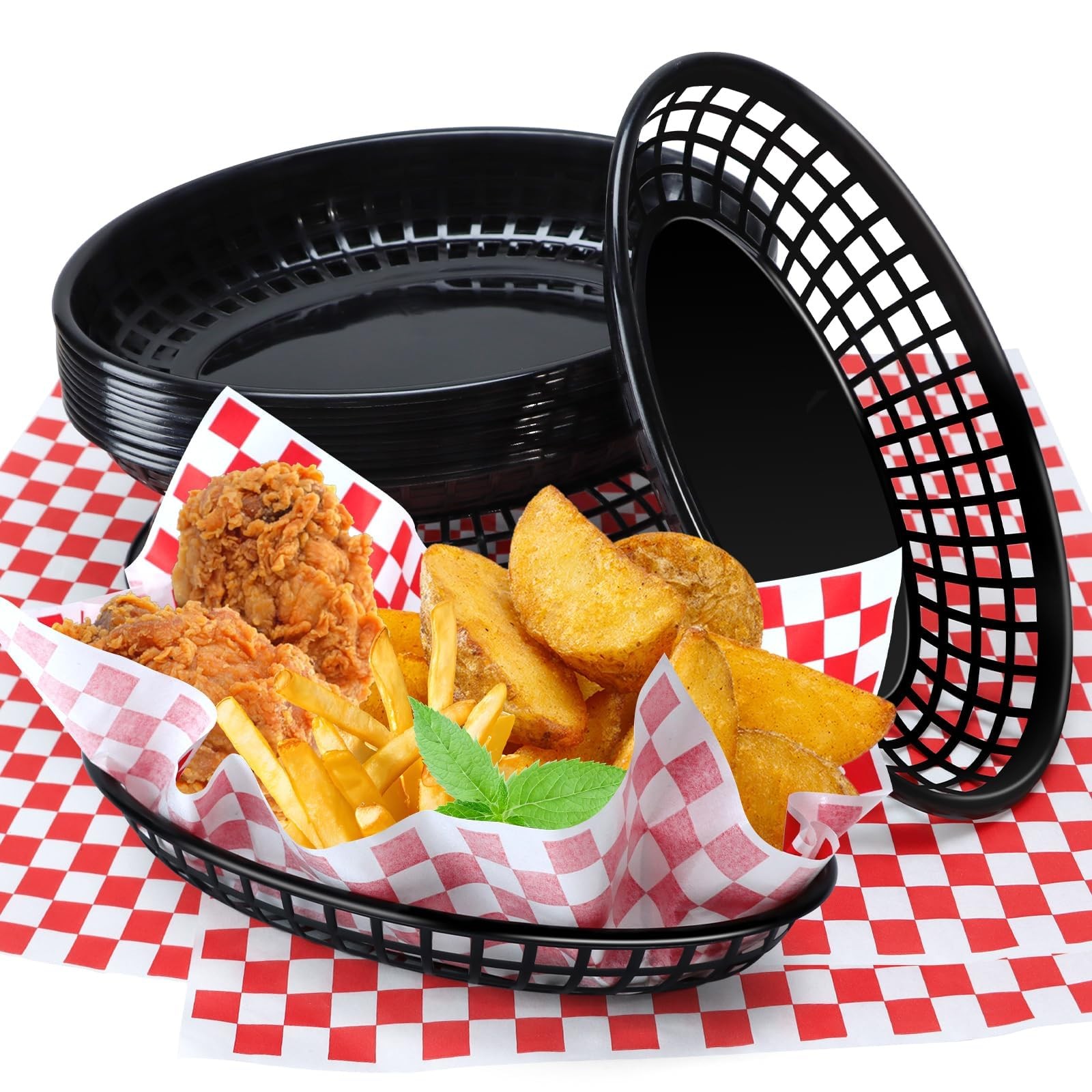 12 Black Fast Food Baskets 120 Sheets Red Checkered Deli Liners 9×5.5 Inch