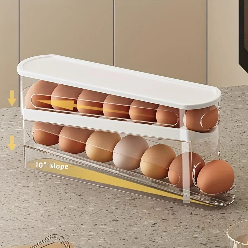 Double Layer Automatic Rolling Egg Storage Container 12-14 Eggs Hinged Design PP