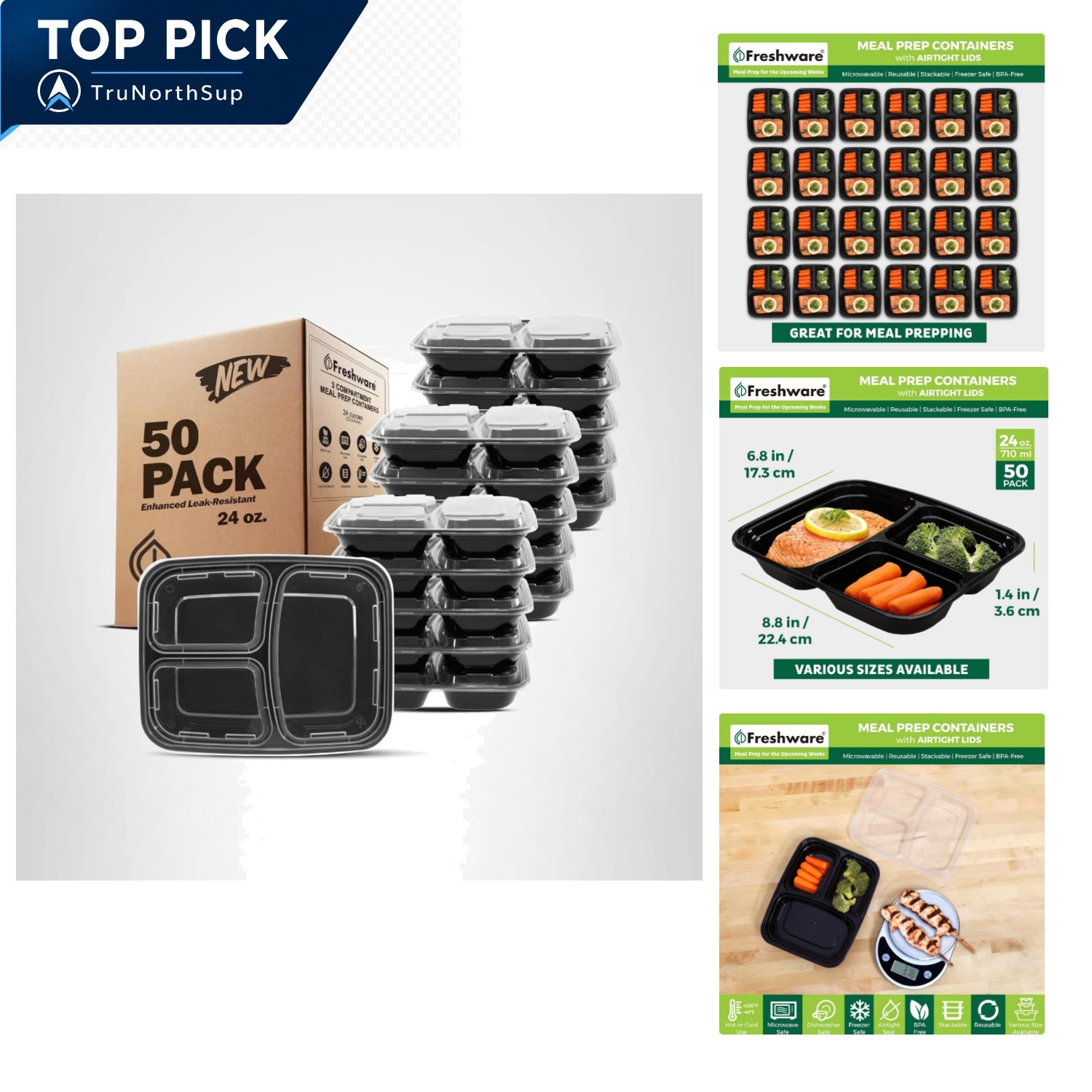 50 Pack Meal Prep Containers 3 Compartment BPA Free Microwave Dishwasher Safe