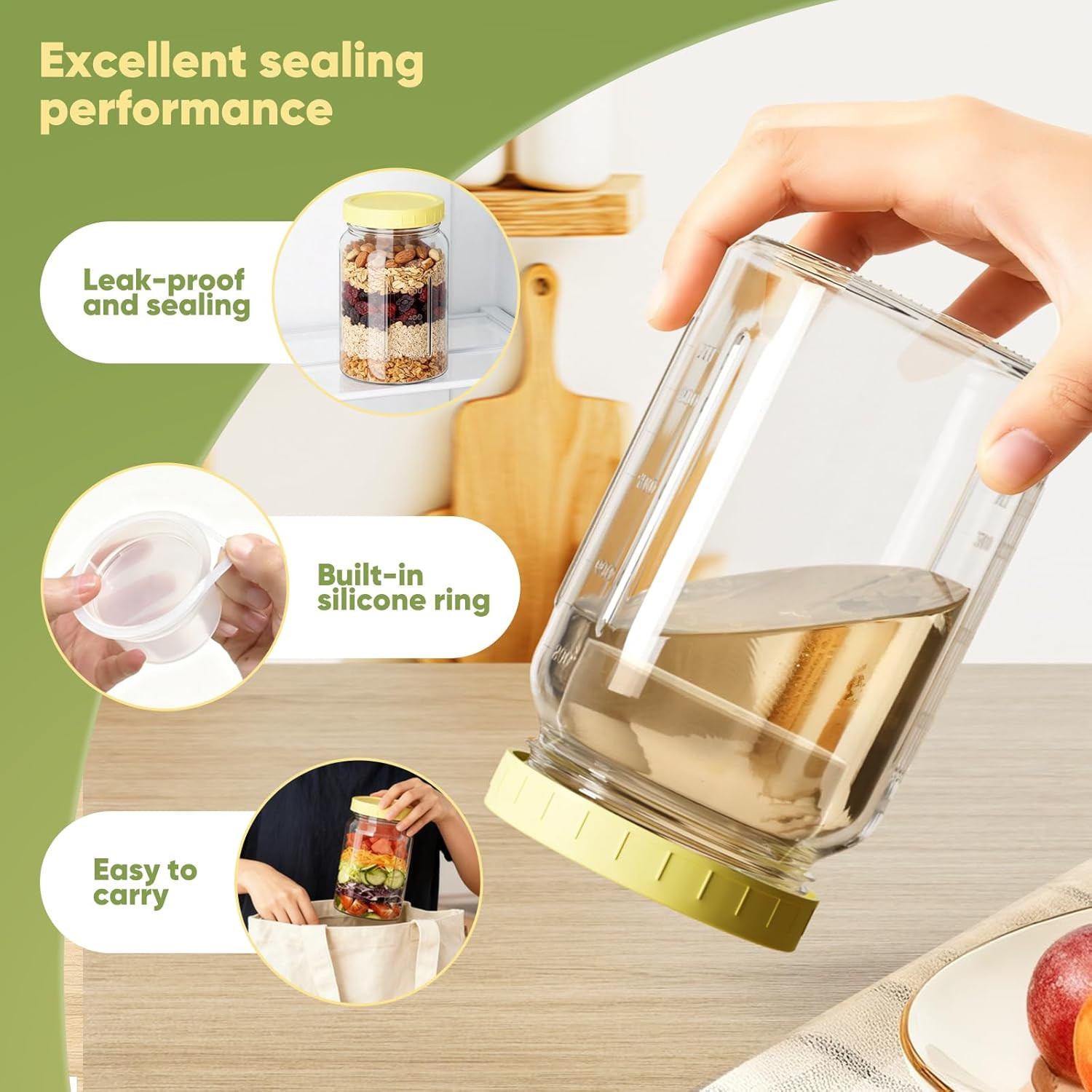 4 Pack Salad Jars Dressing Container -32OZ Glass Salad Leakproof Container Fresh