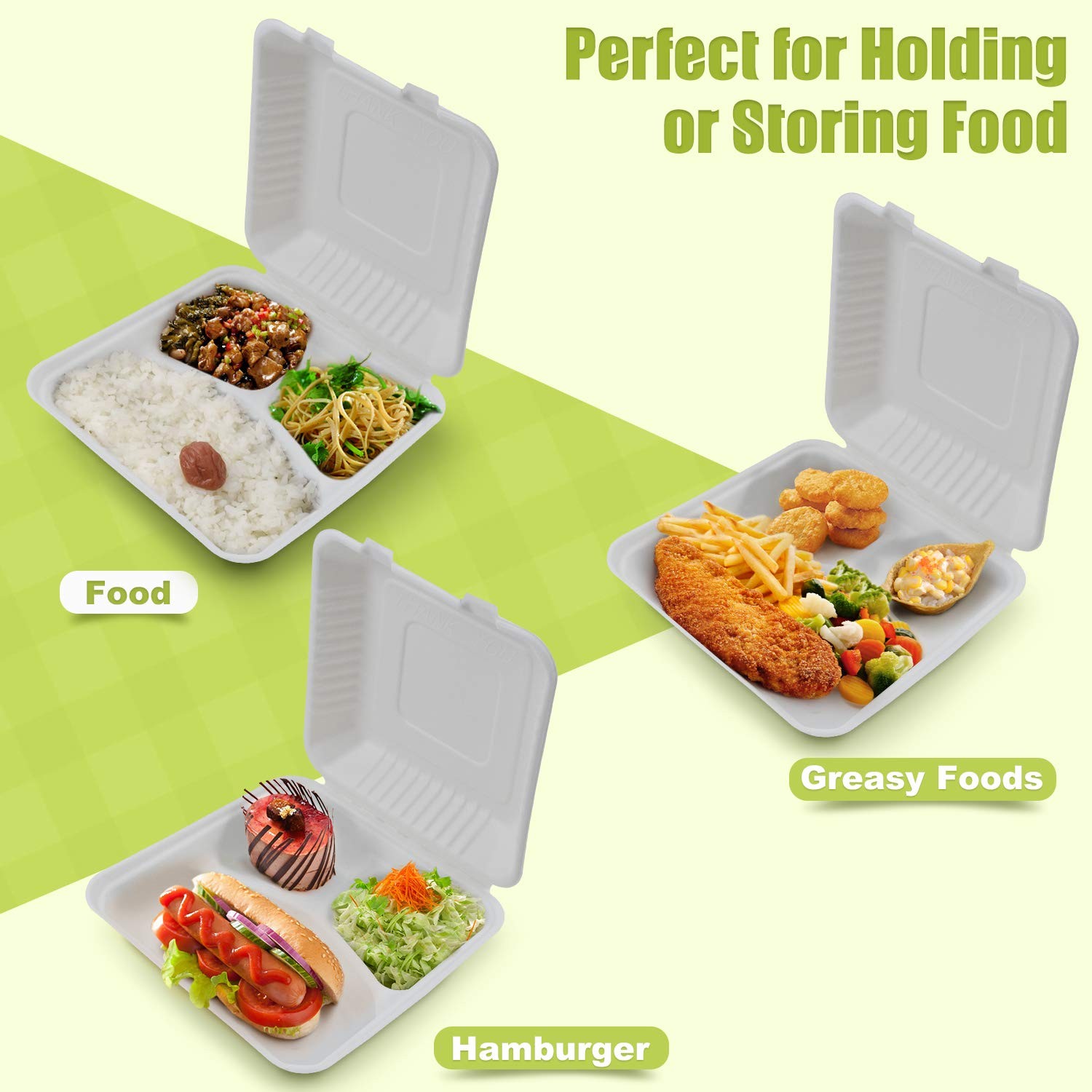 100 Count 9 Inch 3-Compartment Compostable Bagasse Clamshell To Go Food Boxes