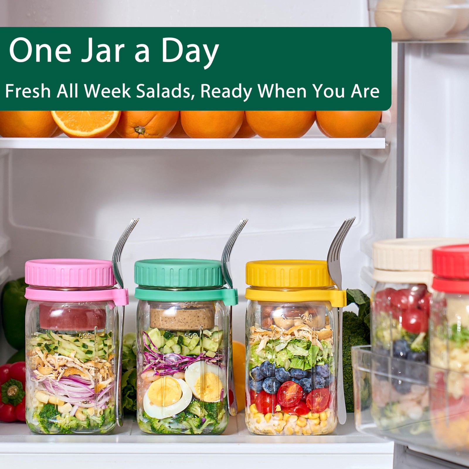 Danmu 32 oz Salad Jars with 2 Dressing Cups & Forks – Glass Mason Jar Meal Pr…