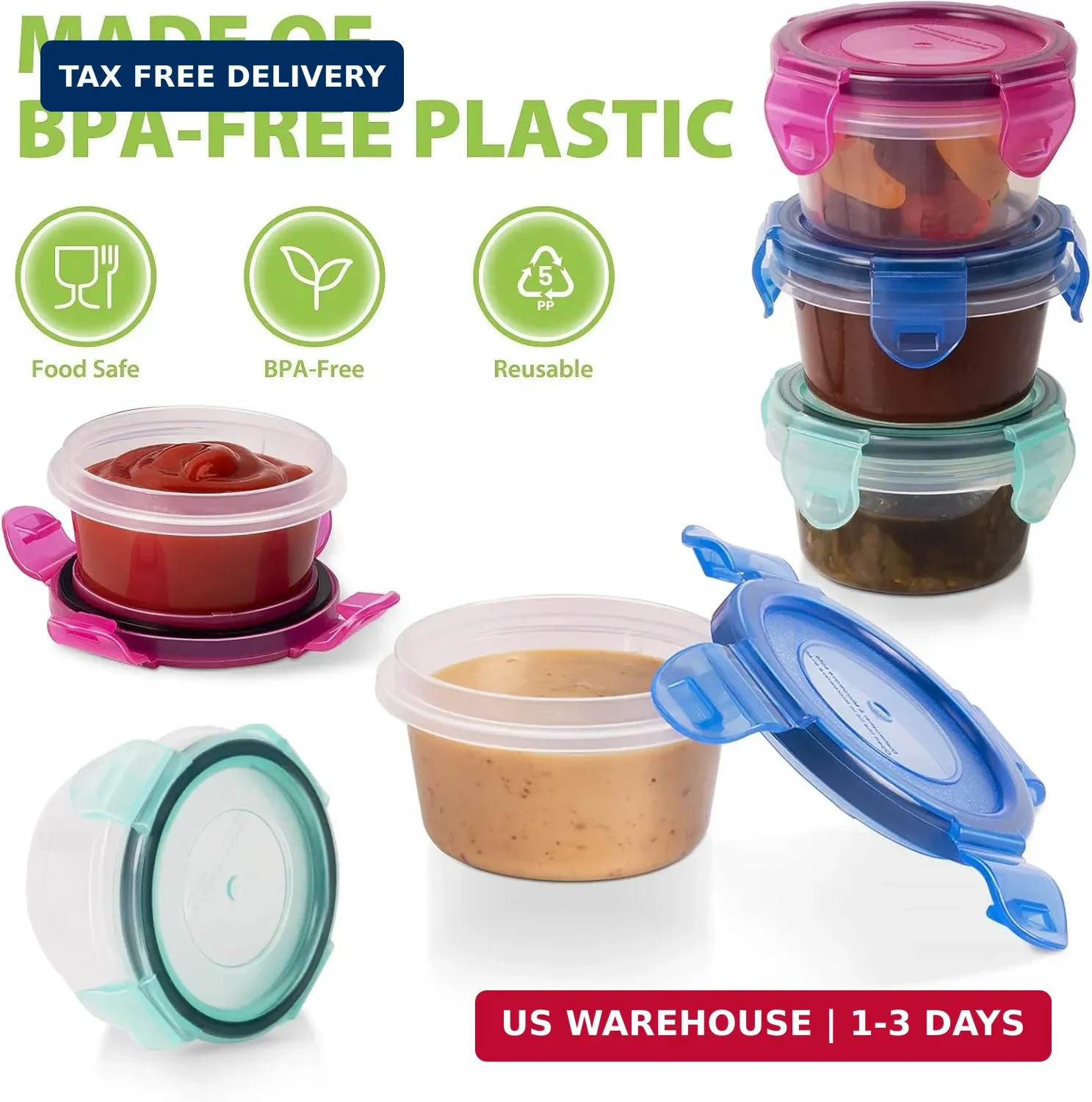 6 Pack Small Condiment Containers Leakproof Lid BPA Free Reusable Sauce Dressing