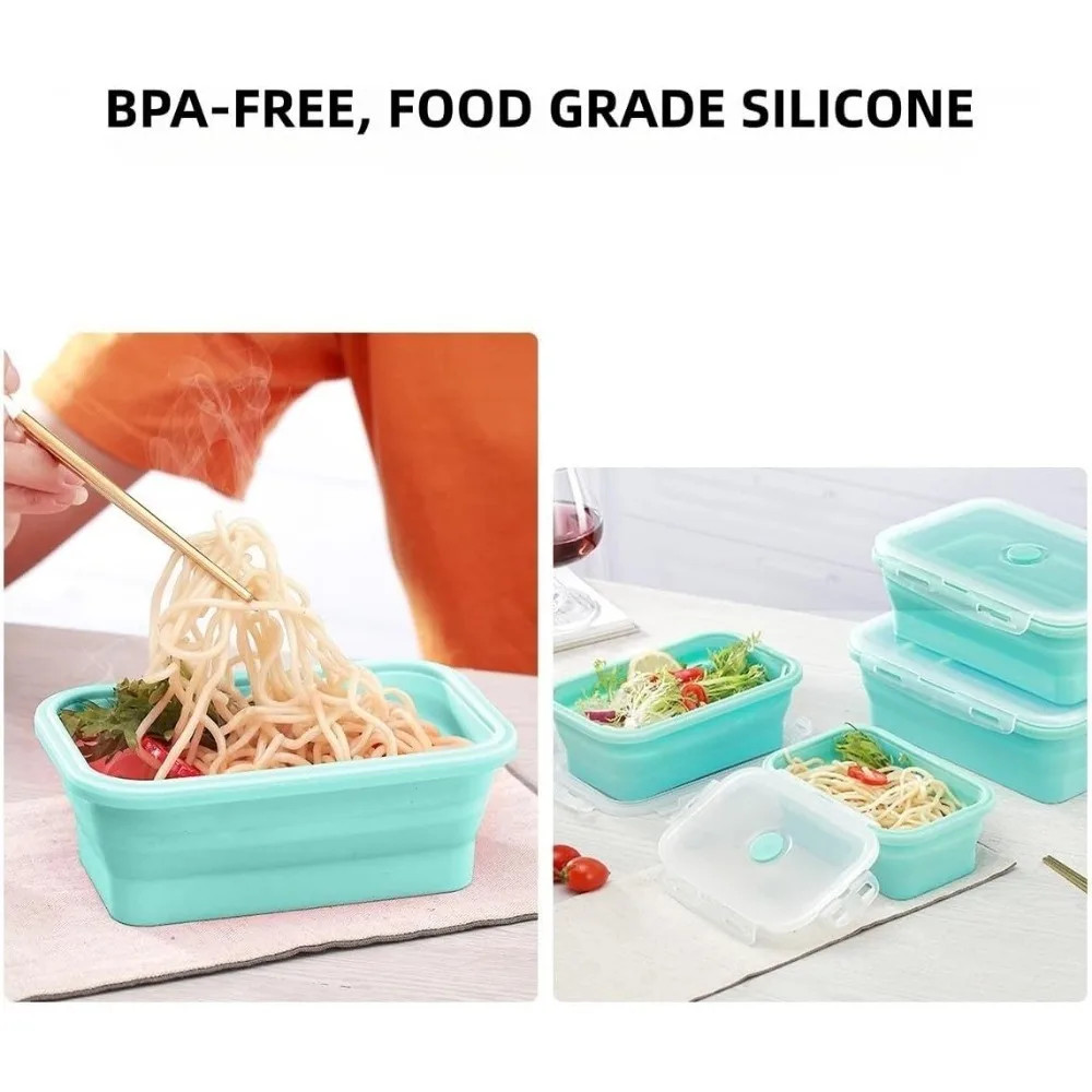 Foldable Silicone Lunch Box Rectangular Bowl with Lids Food Storage Containers F