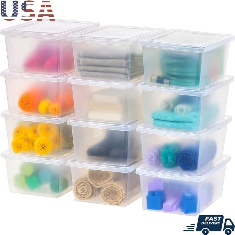 Clear Plastic Storage Bins Stackable BPA-Free Containers W/ Snap-On Lids 12 Pack