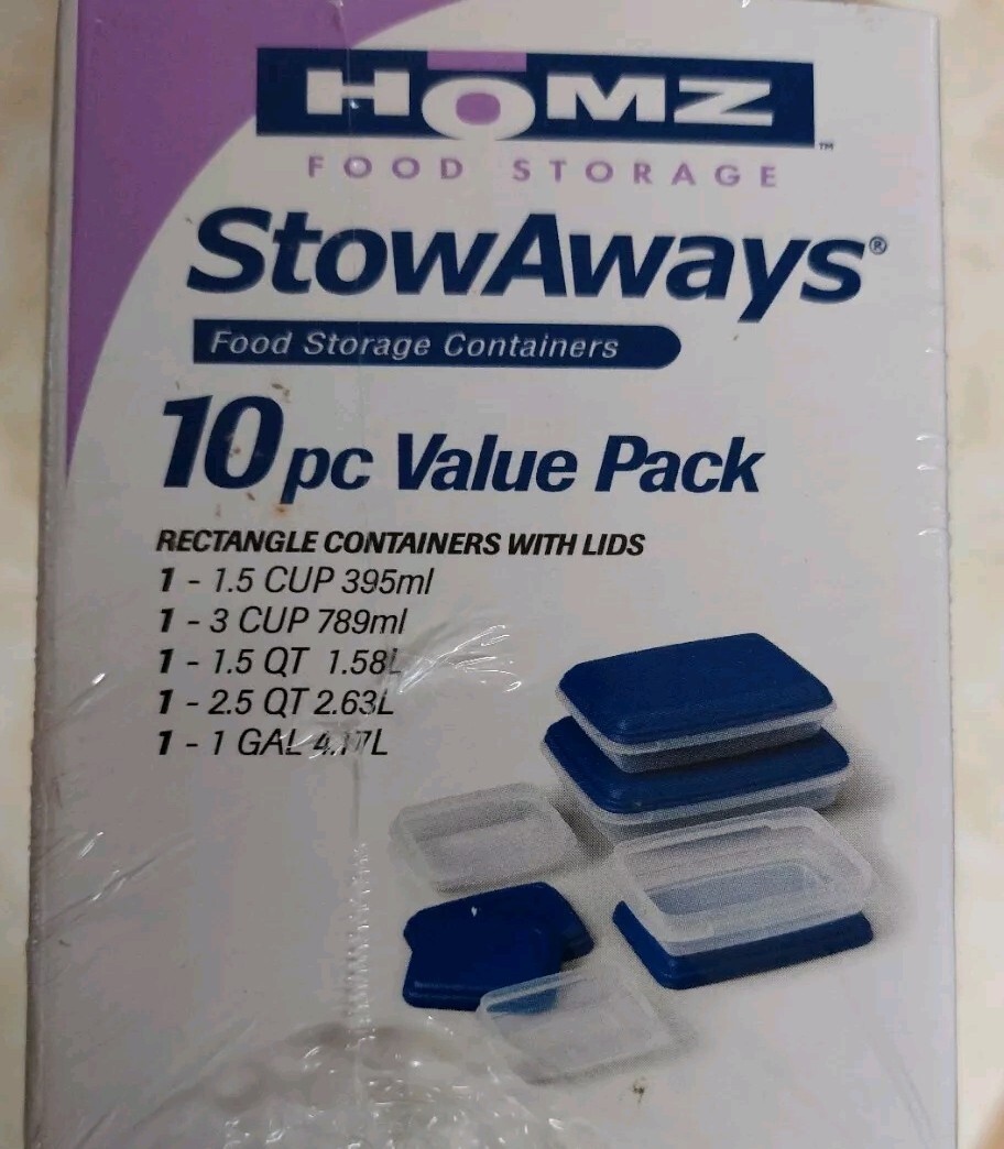 Vintage 1999 Homz StowAways Clear Plastic Food Storage Containers, 10 Pc Set NOS