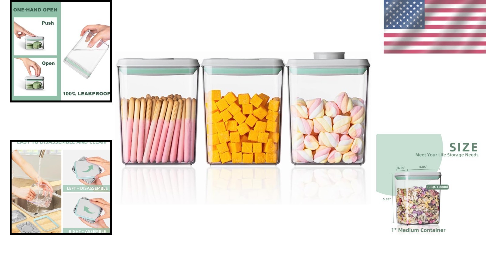 BPA-Free Airtight Food Storage Containers with Easy One-Button Opening – 3 Set