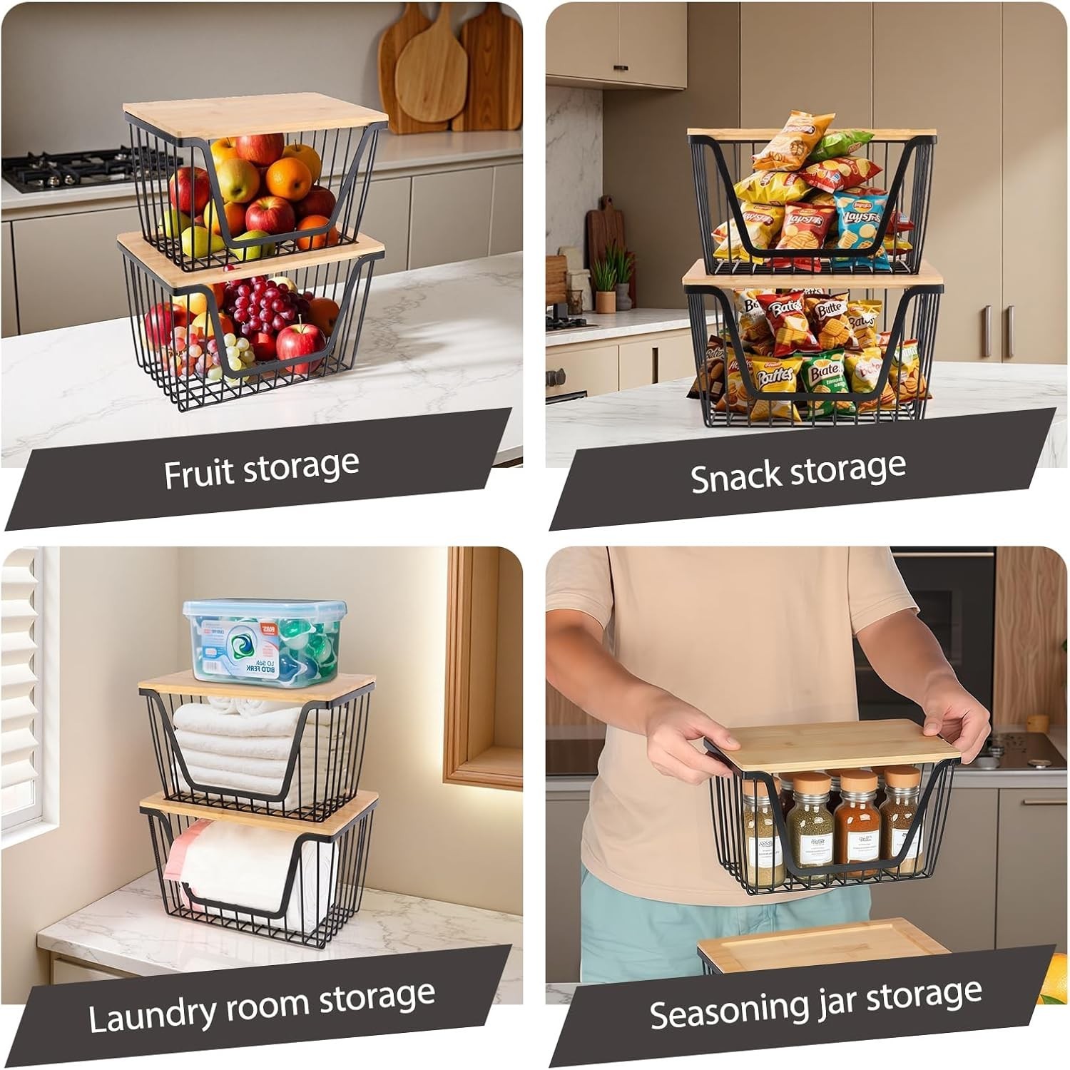 Modern Stackable Storage Bins for Fruits, Vegetables – 2-Pack Iron Baskets