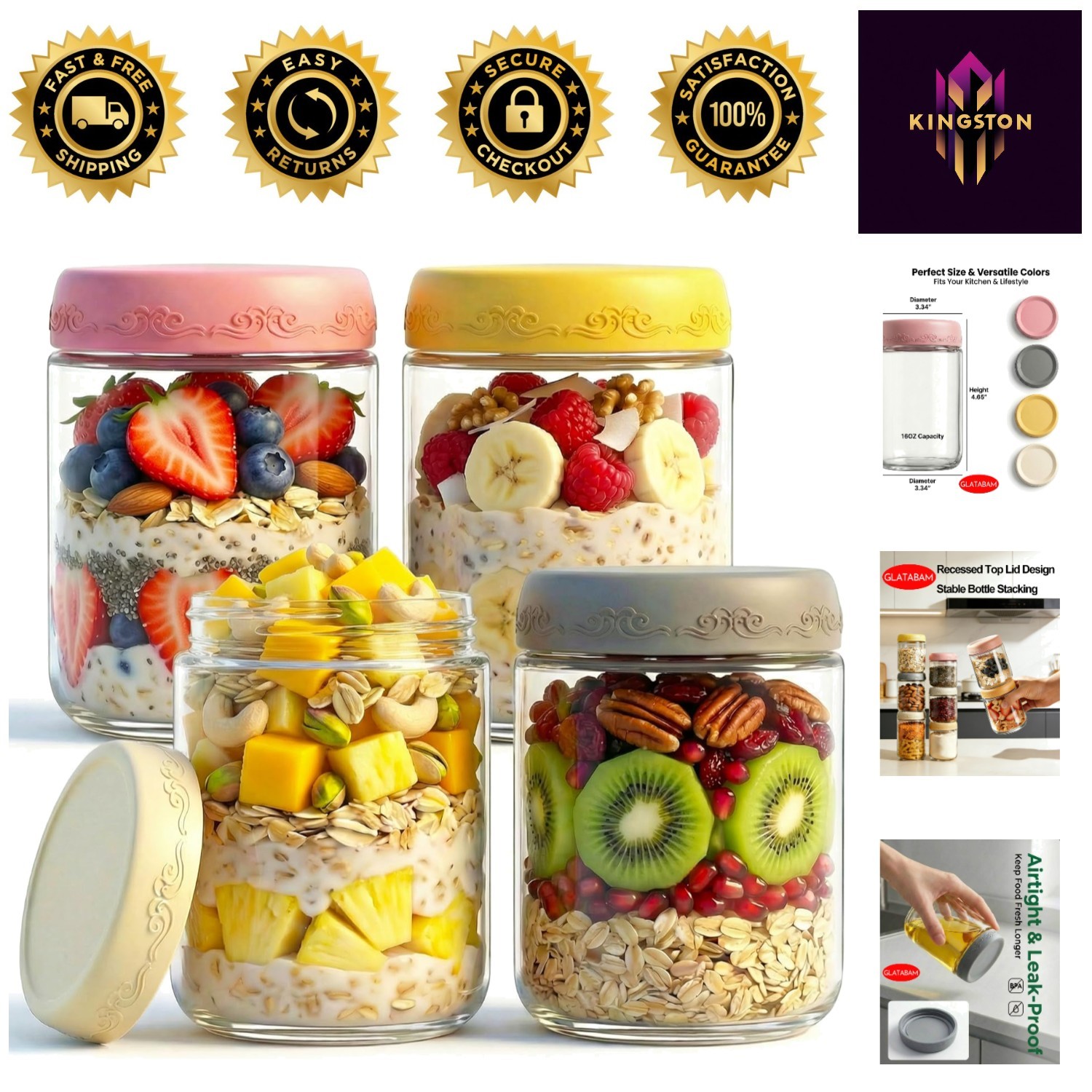 16 OZ Glass Meal Prep Jars – 4-Pack Airtight Overnight Oats Containers