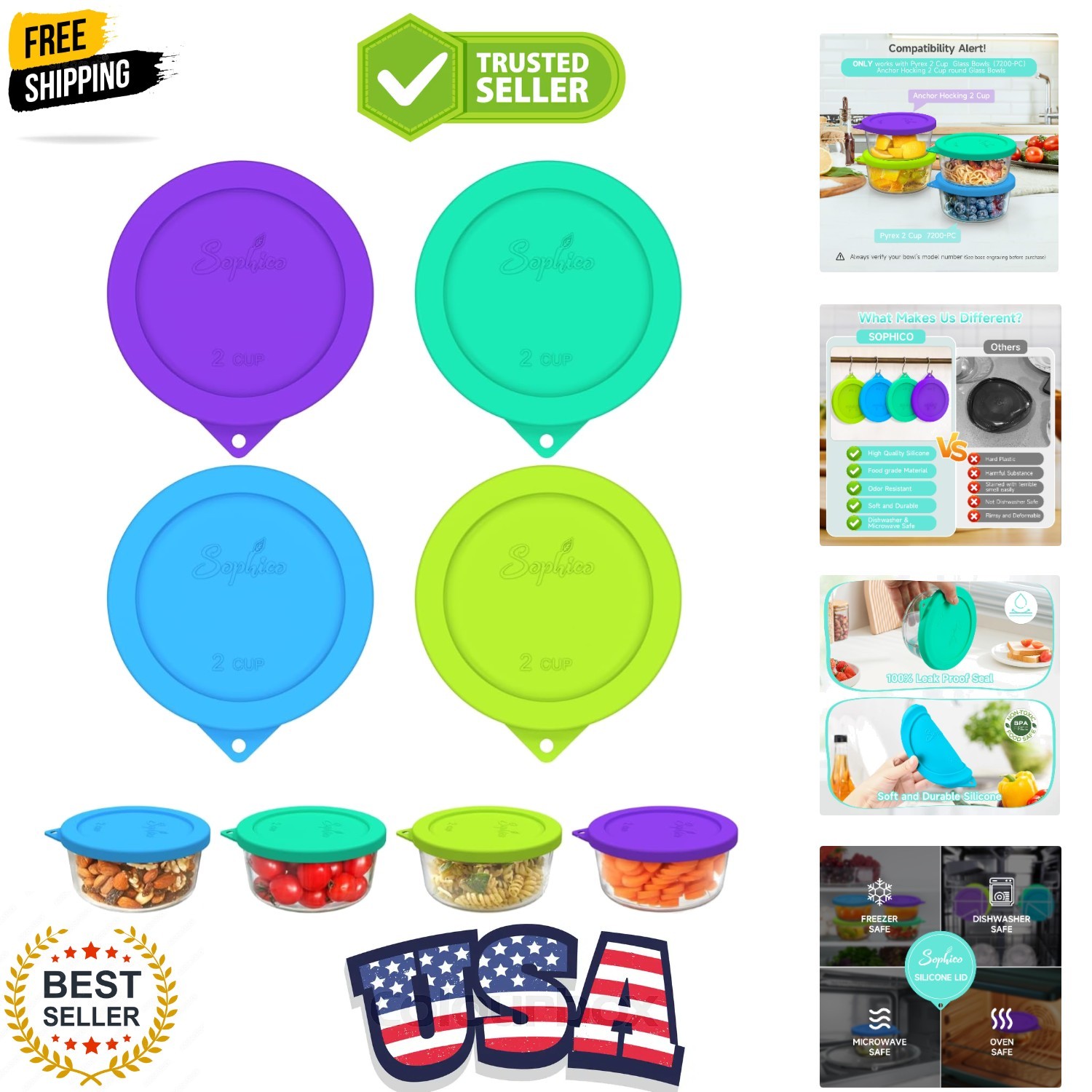 2 Cup Round Silicone Storage Cover Lids Replacement for Pyrex 7200-PC and Anc…