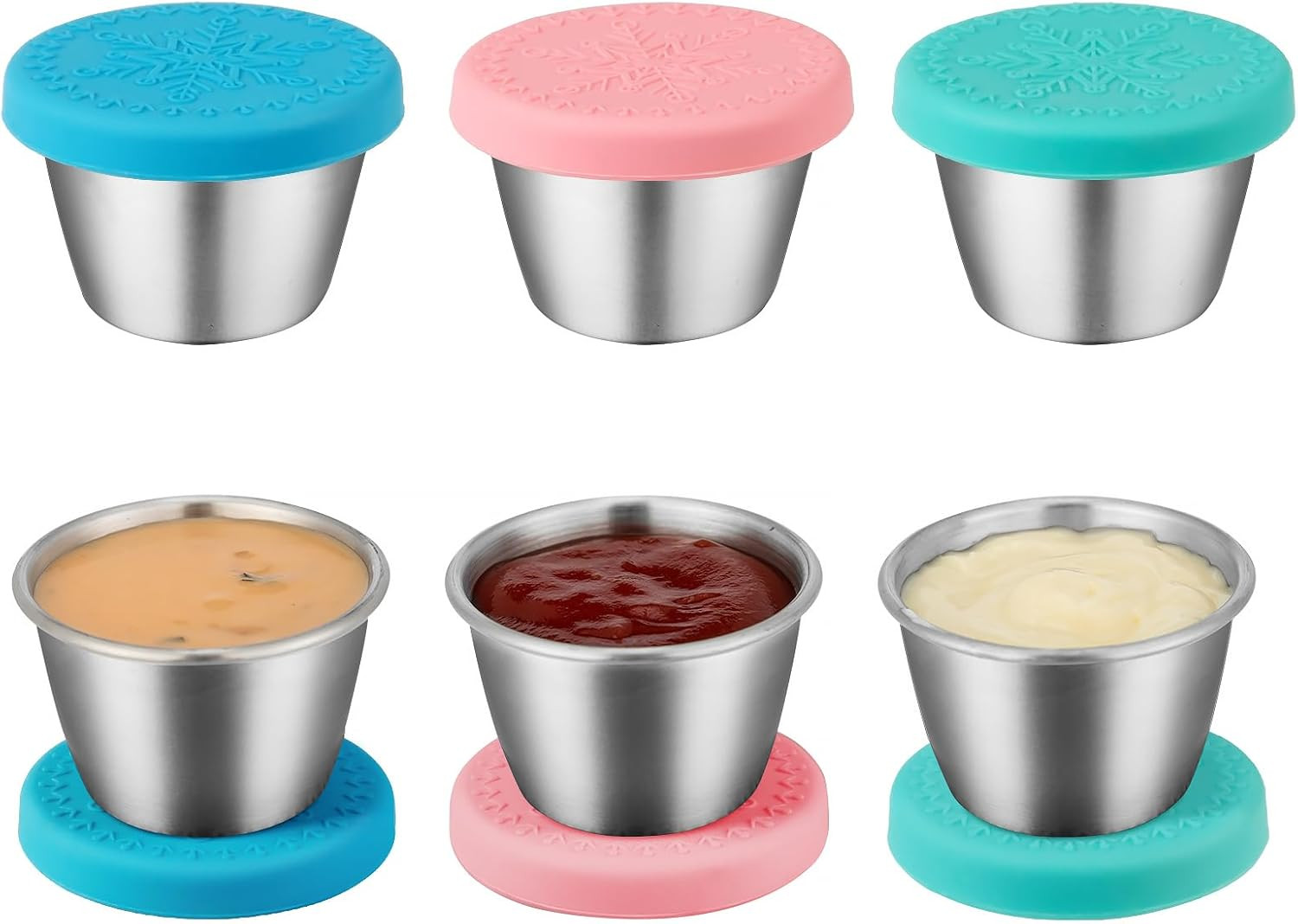 [6 Pack 2.4Oz] Stainless Steel Dressing Container with Silicone Lids, Reusable L