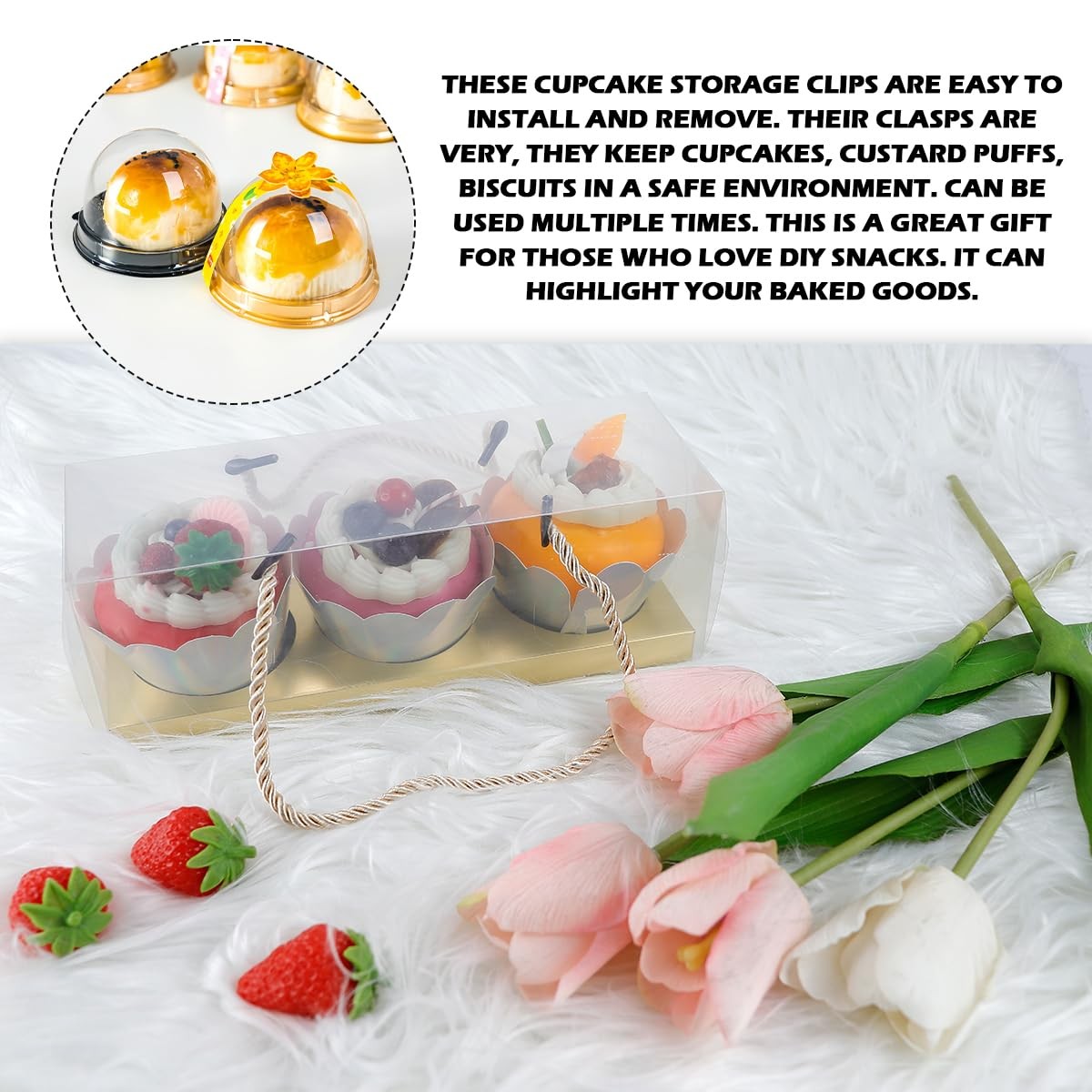 10Pcs Clear Cupcake Boxes Portable Cupcake Container with Rope Handles and In…