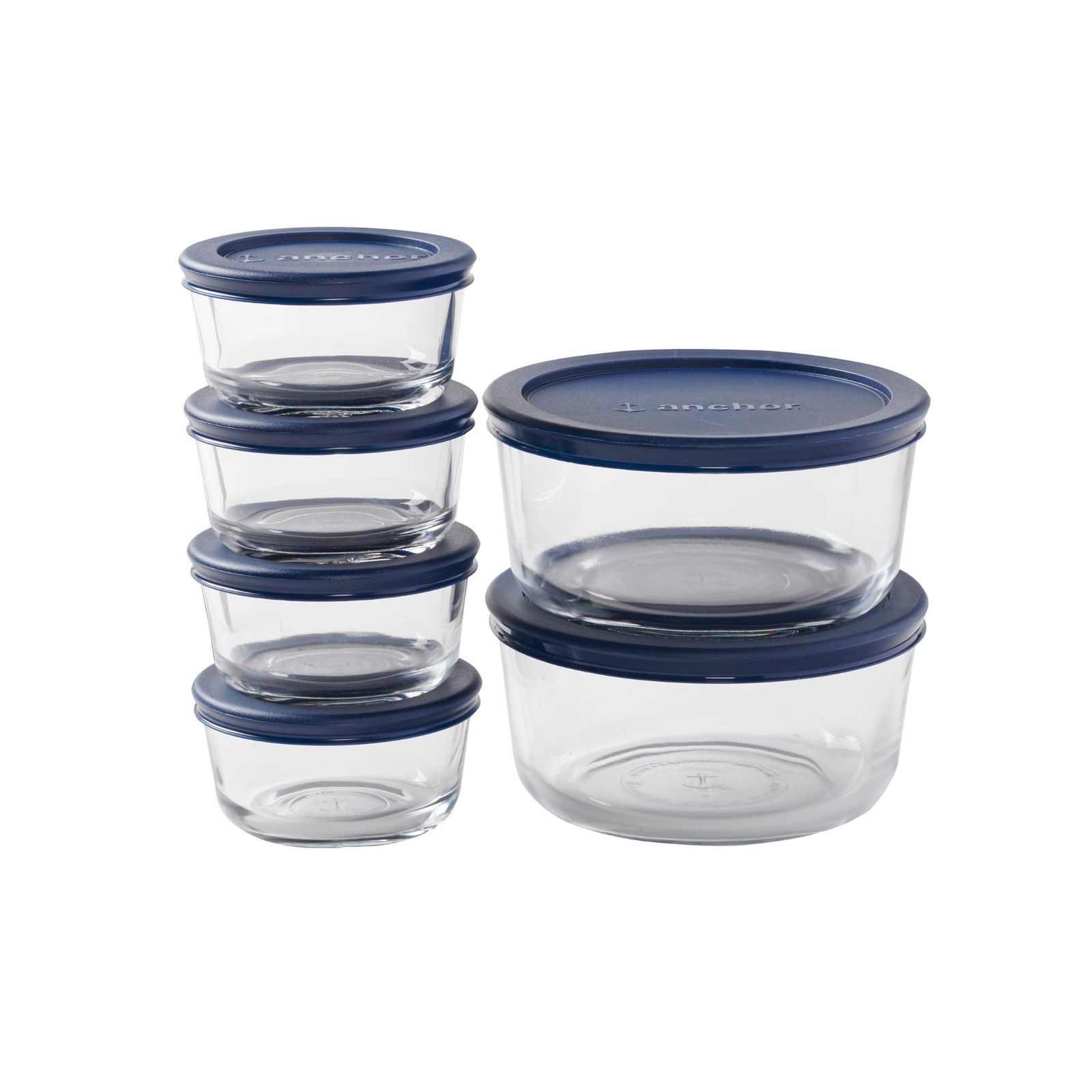 Glass Food Storage Containers with Navy Blue SnugFit Lids 12 Pcs