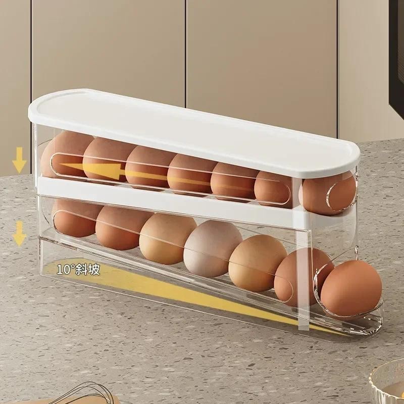 Automatic Rolling Egg Holder for Fridge 2-Tier Egg Dispenser Organizer Rack