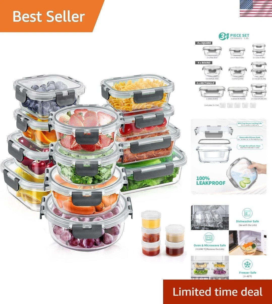 34pcs Glass Food Storage Containers with Lids Set, Airtight Glass Meal Prep C…