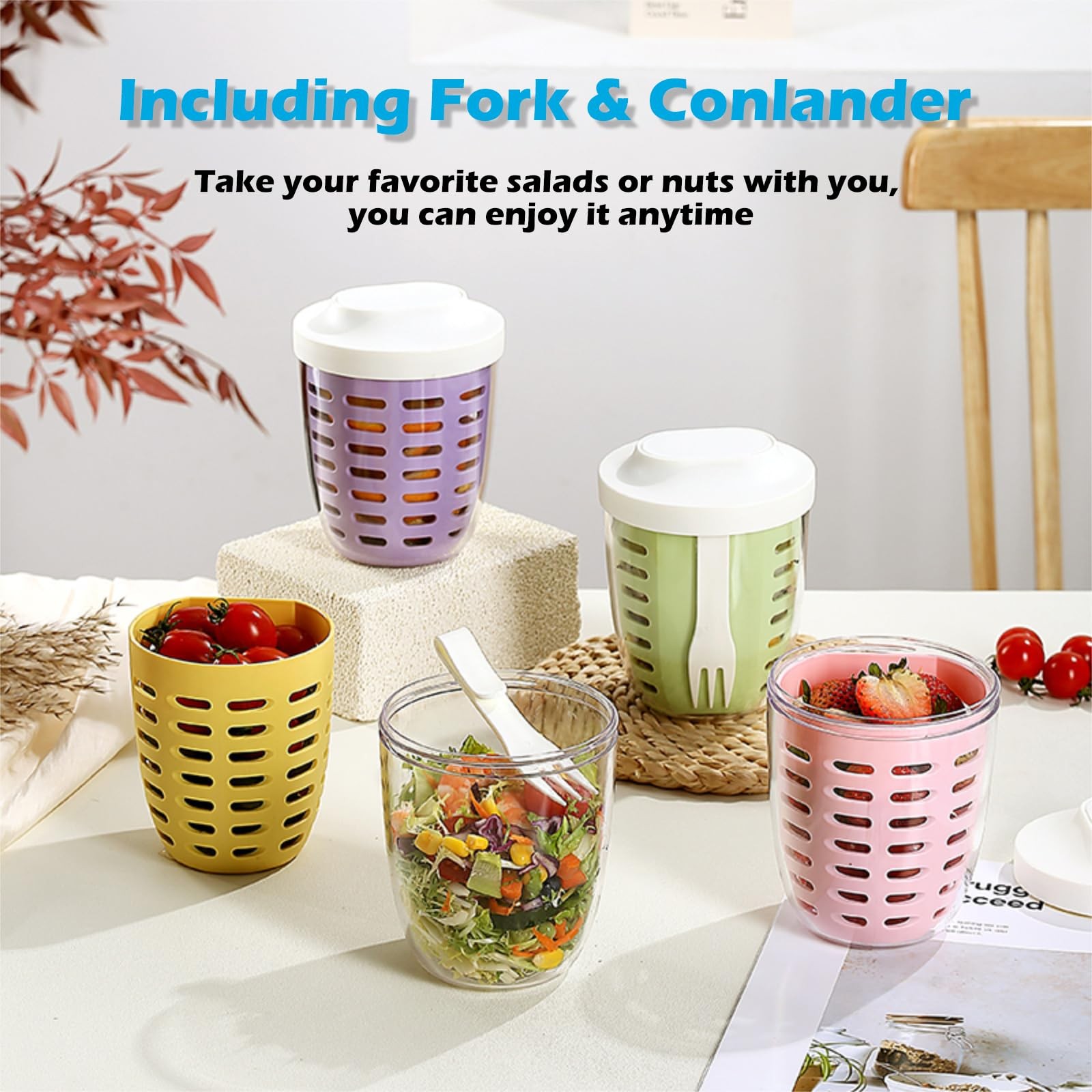 Fresh Fruit Salad Storage Cup To Go With Lids, Fork & Drain Baskets, Reusable…