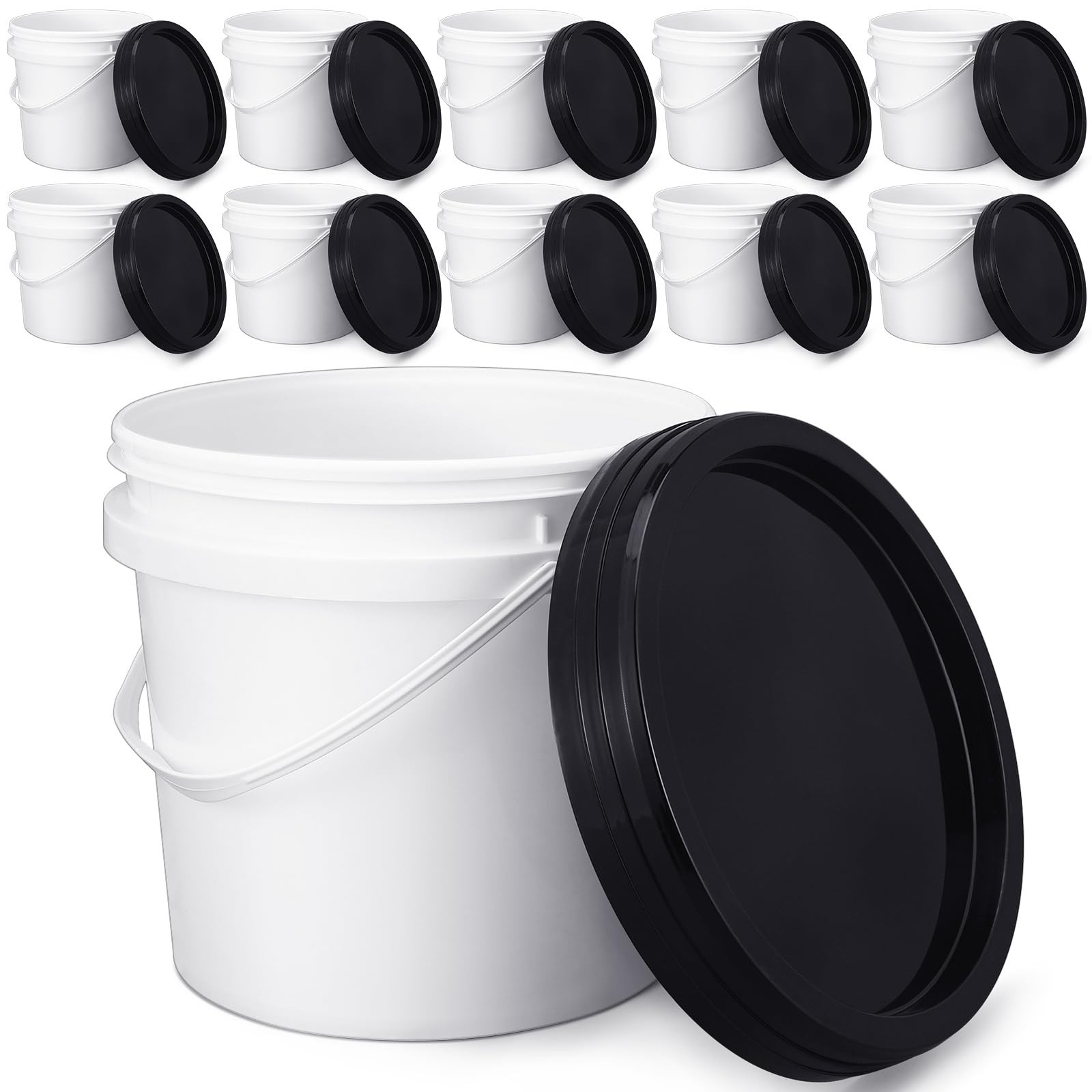 10 Pack White Plastic Bucket with Handle and Lid Food Storage Bucket Containe…