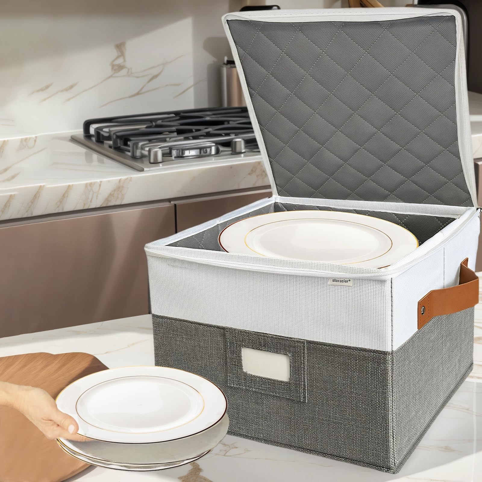 2 PCS 12x12x8 Inch Grey Quilted Dish China Plate Storage Container Stackable Lid