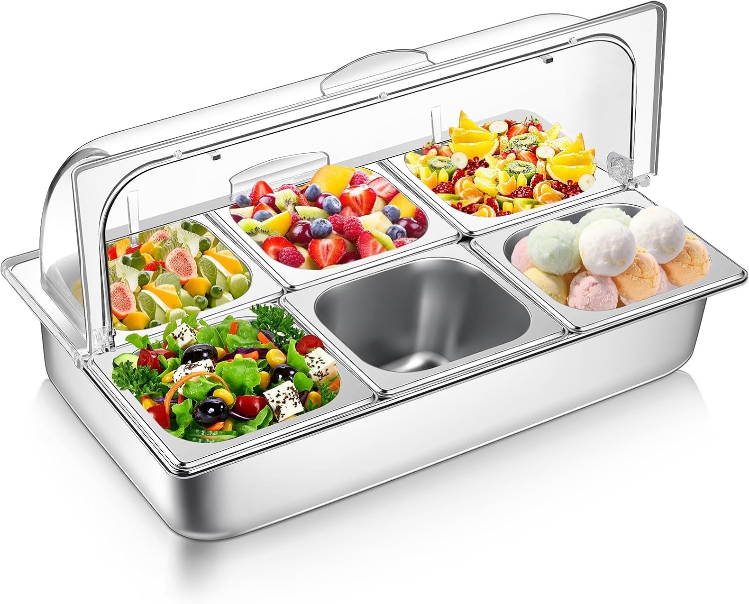 6 Pan Countertop Ice Food Serving Display Container W/ Clear Roll Top Cover