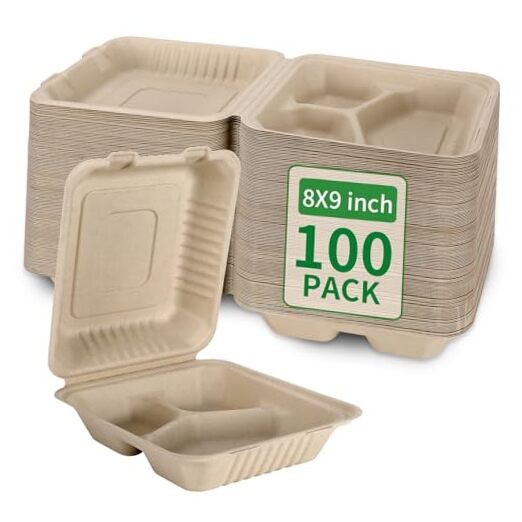 Pack 3 Compartment Compostable 8×9 Inch Takeout Lunch Box 8X9 Inch 100