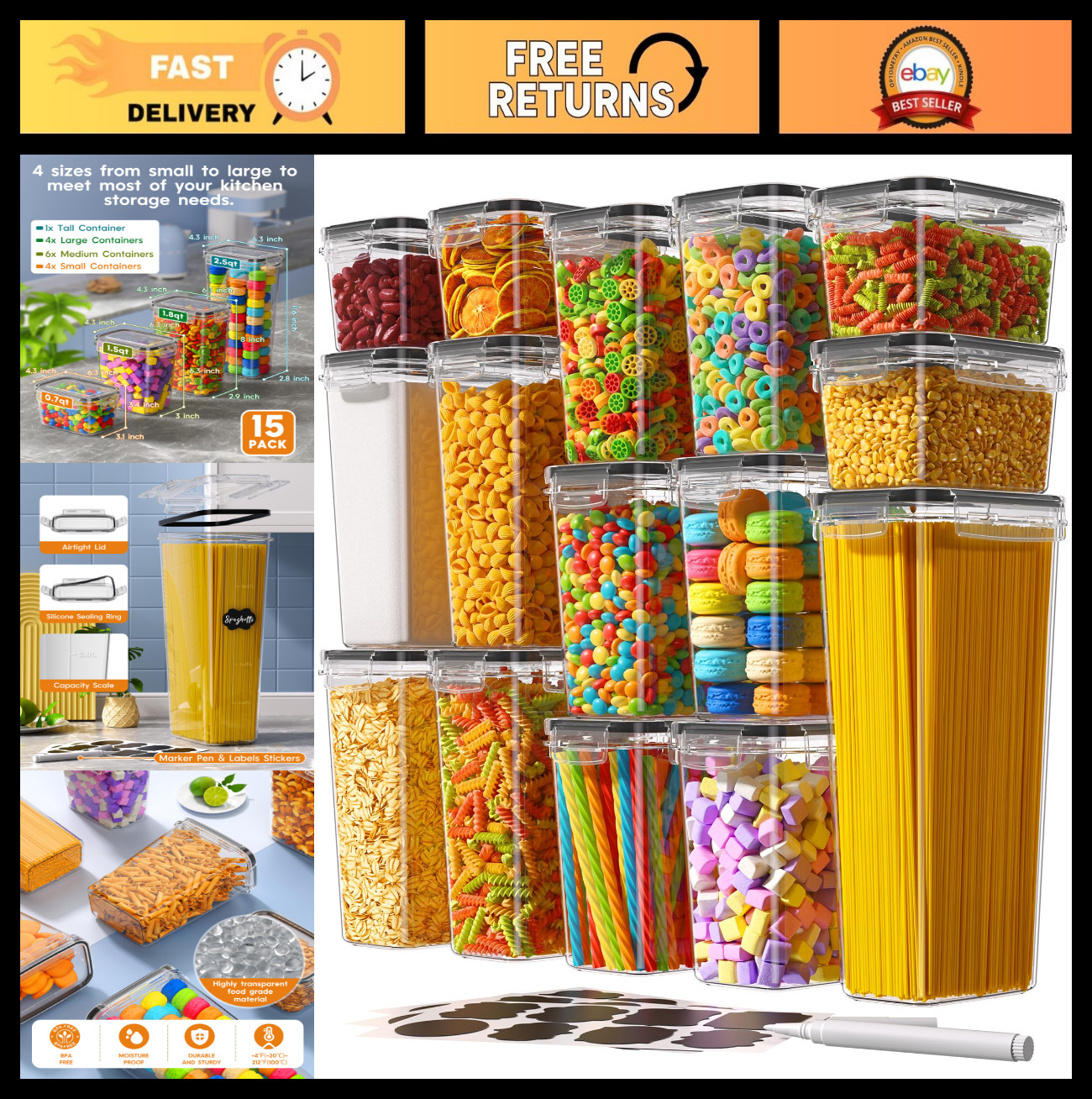 15 PCS Airtight Food Storage Containers Set – BPA-Free, Leak-Proof Canisters for