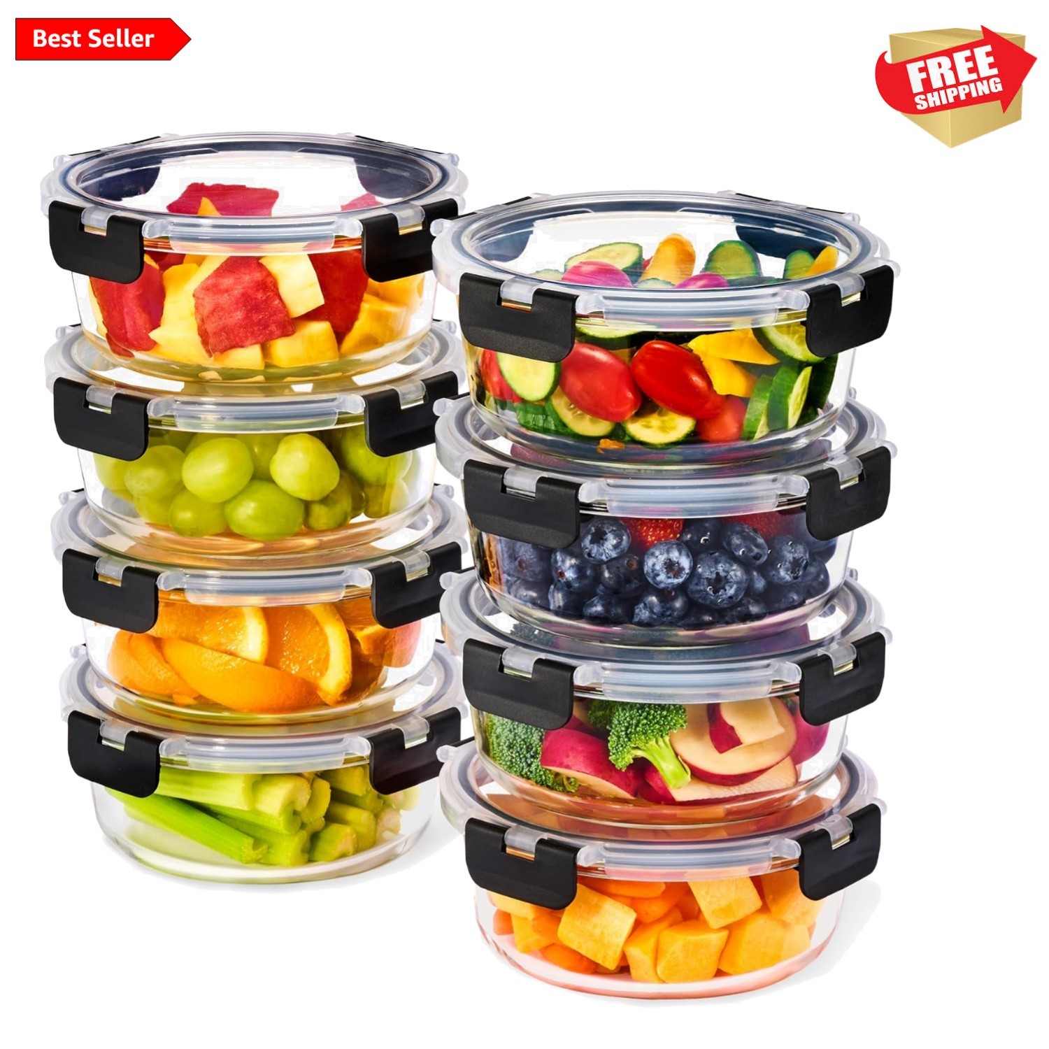 16pc Glass Meal Prep Containers Set – 8 Round 32oz Containers with Airtight L…