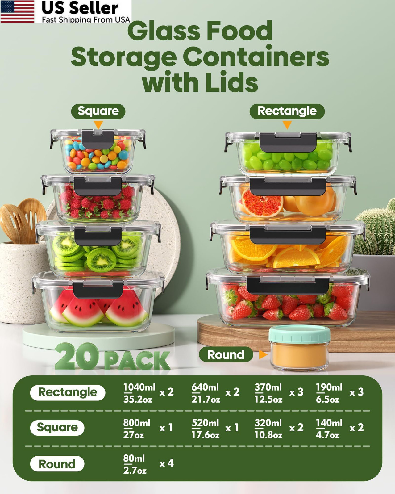 KEMETHY 40 PCS Glass Food Storage Containers with Lids(20 Set of 20, 40