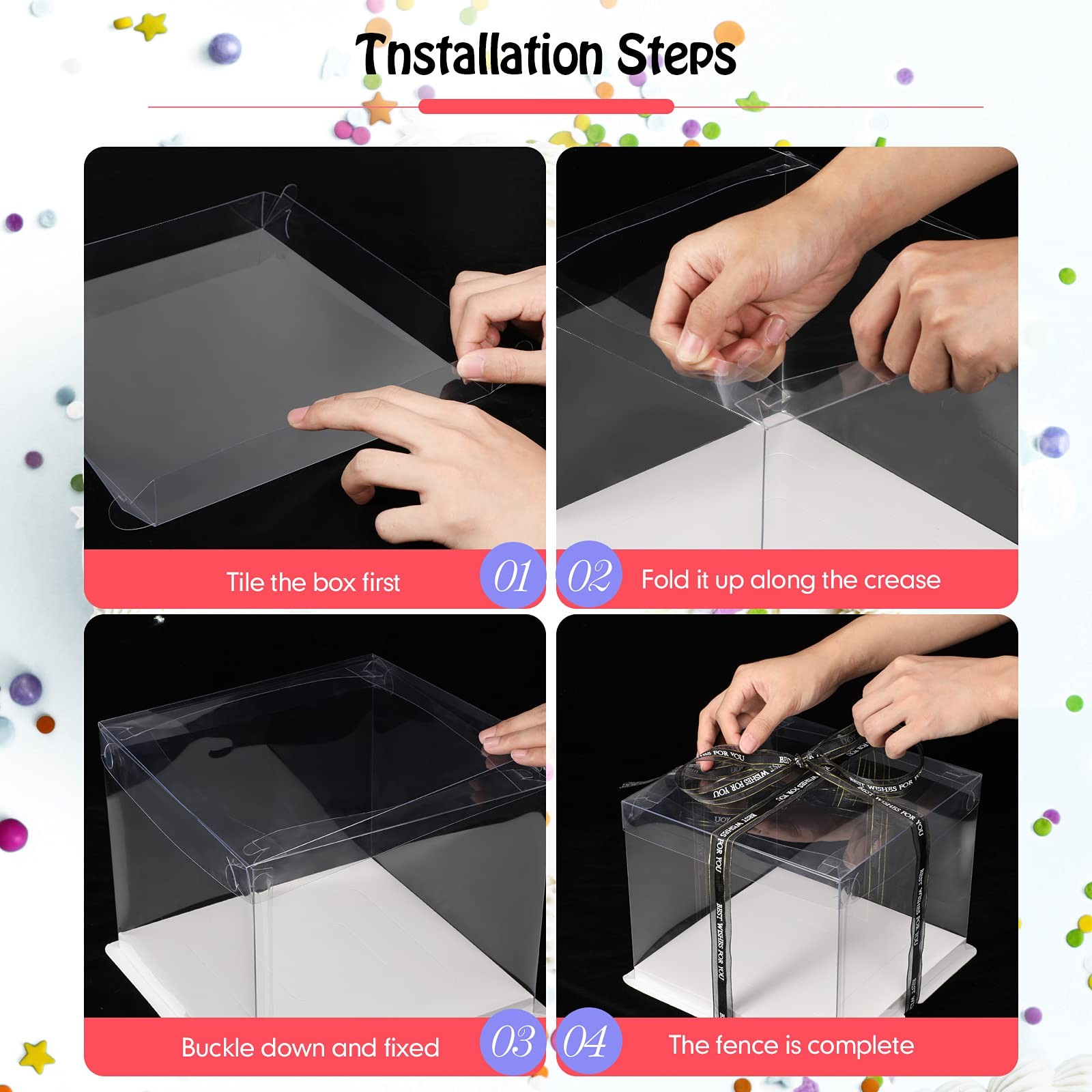 4 PCS Clear Cake Carrier Box Ribbon Transparent Dessert Display 10x10x9 Inch