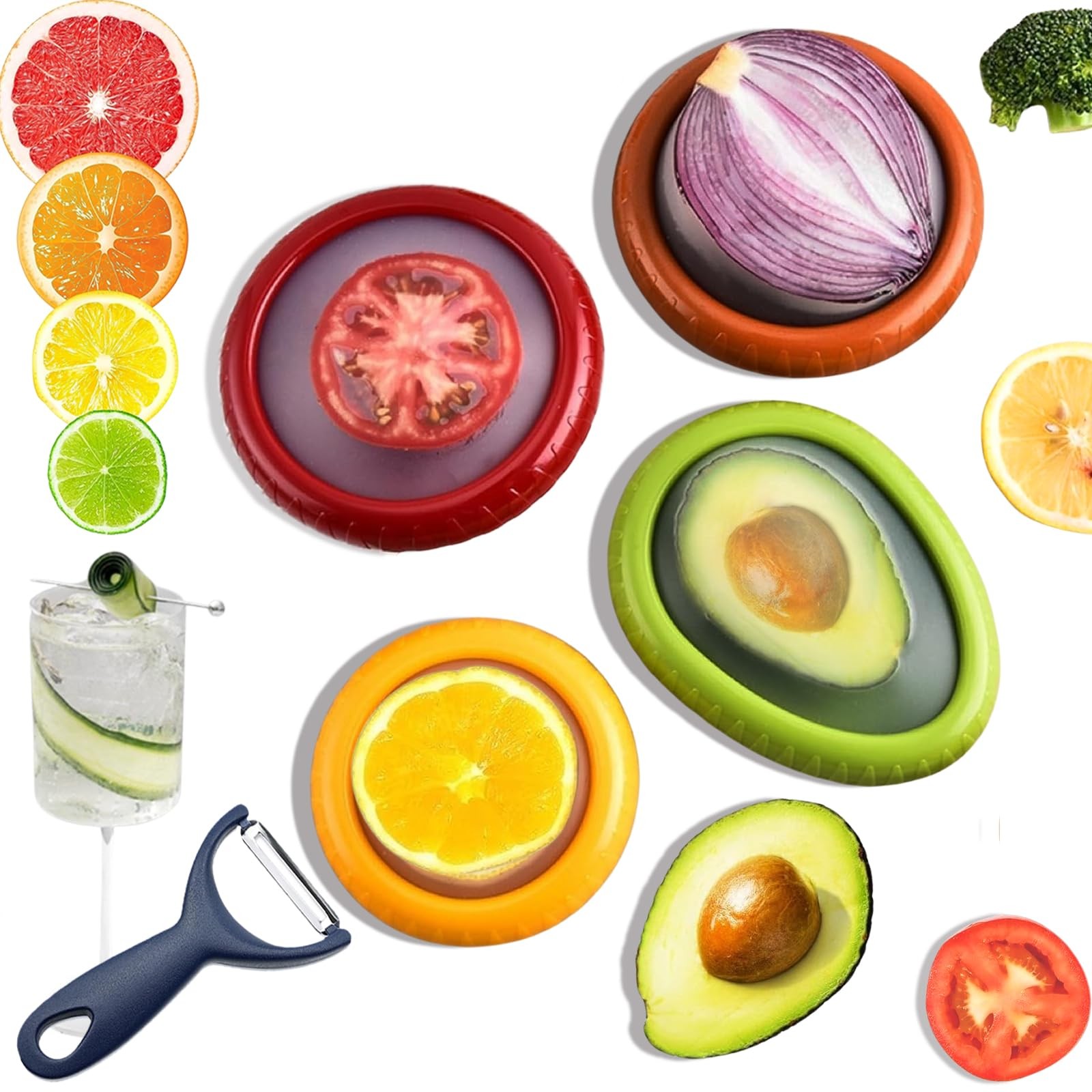 Zyphora 5-Piece Avocado Saver and Tomato Holder Set – yellow,red,brown,green