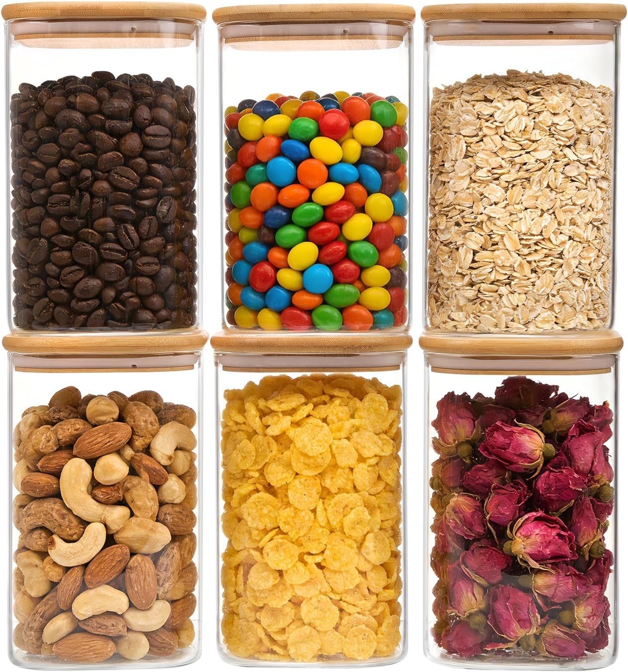 6 Pack 1.2qt Glass Storage Containers with Bamboo Press Lids, Airtight Pantry…