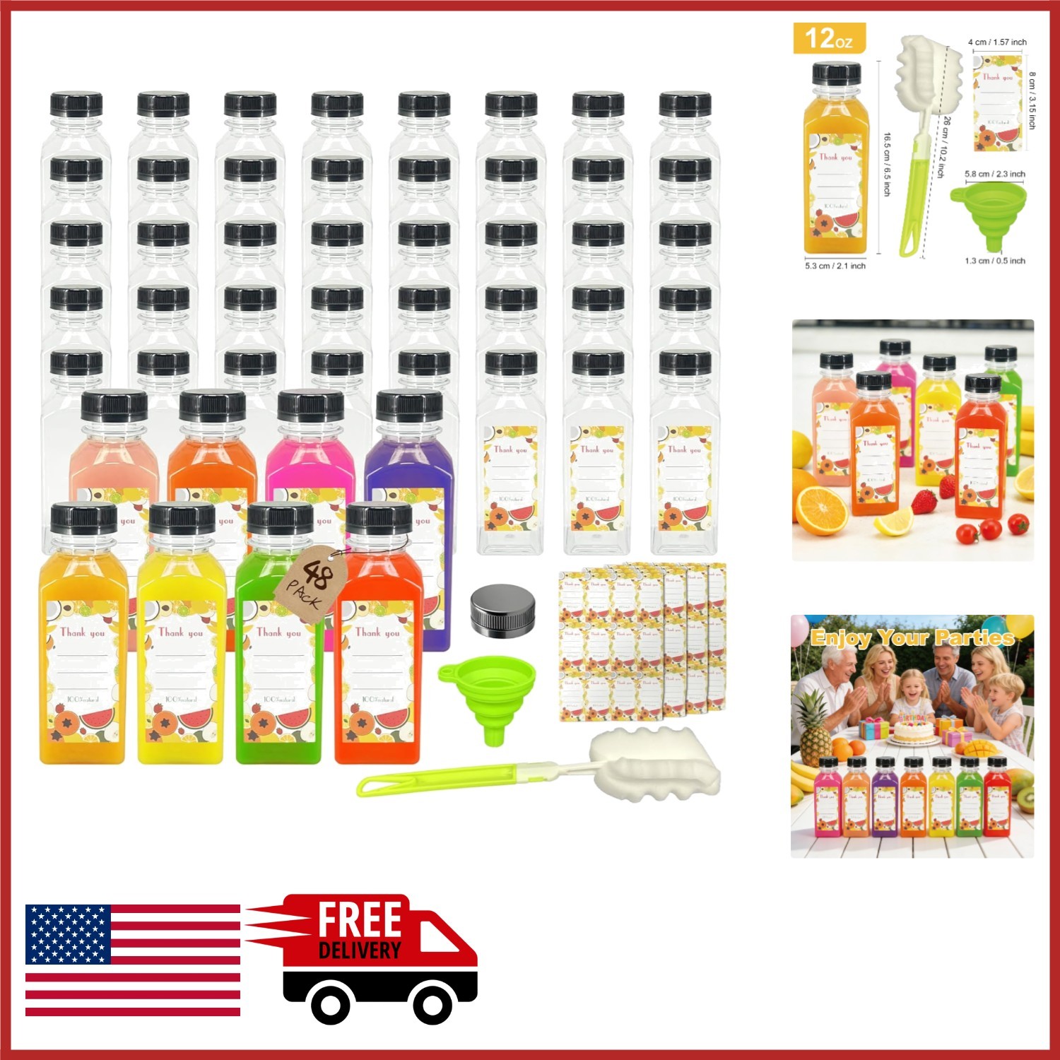 Reusable 12oz Juice Bottles with Caps 48 Pack for Homemade Beverages & Travel