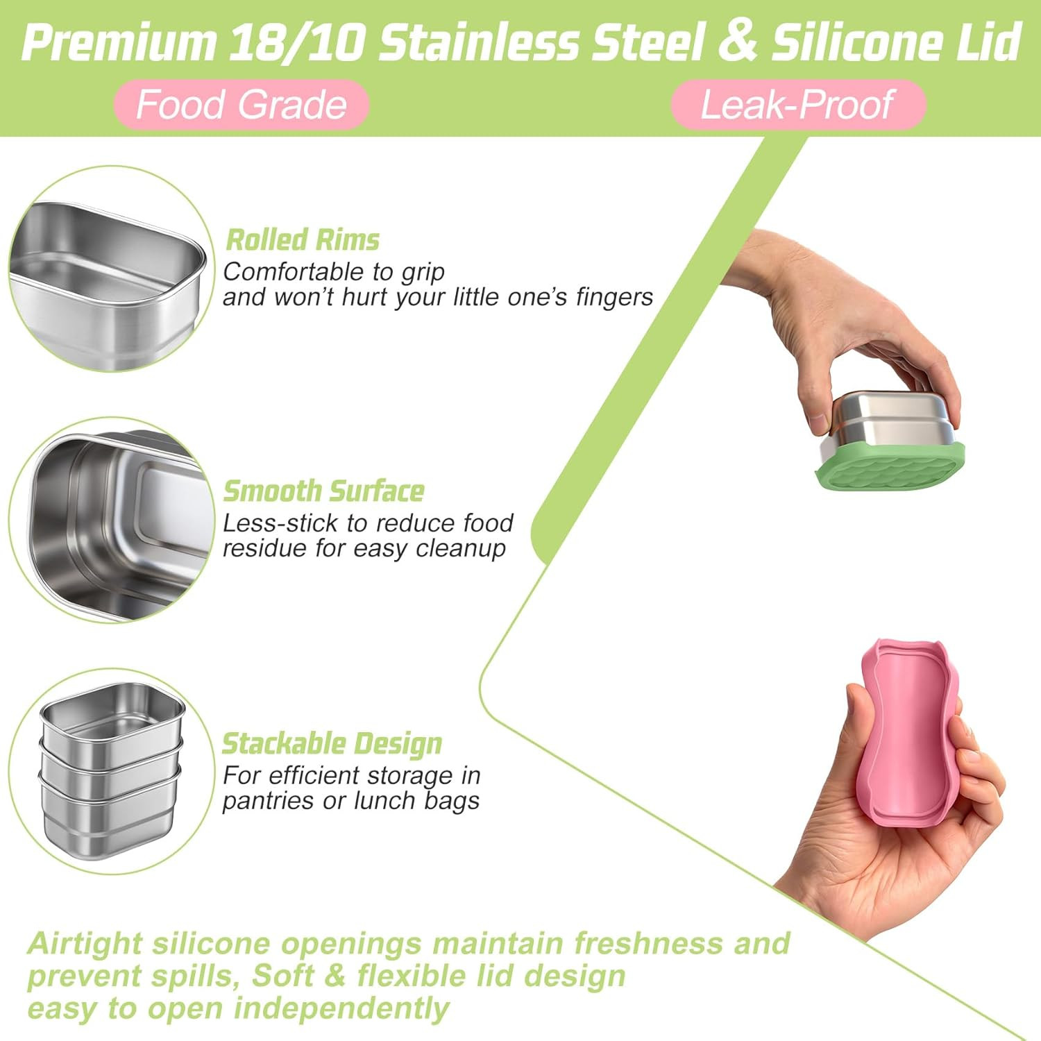 3 Pack Snack Containers for Kids, Stainless Steel 8Oz Baby Food Container with S