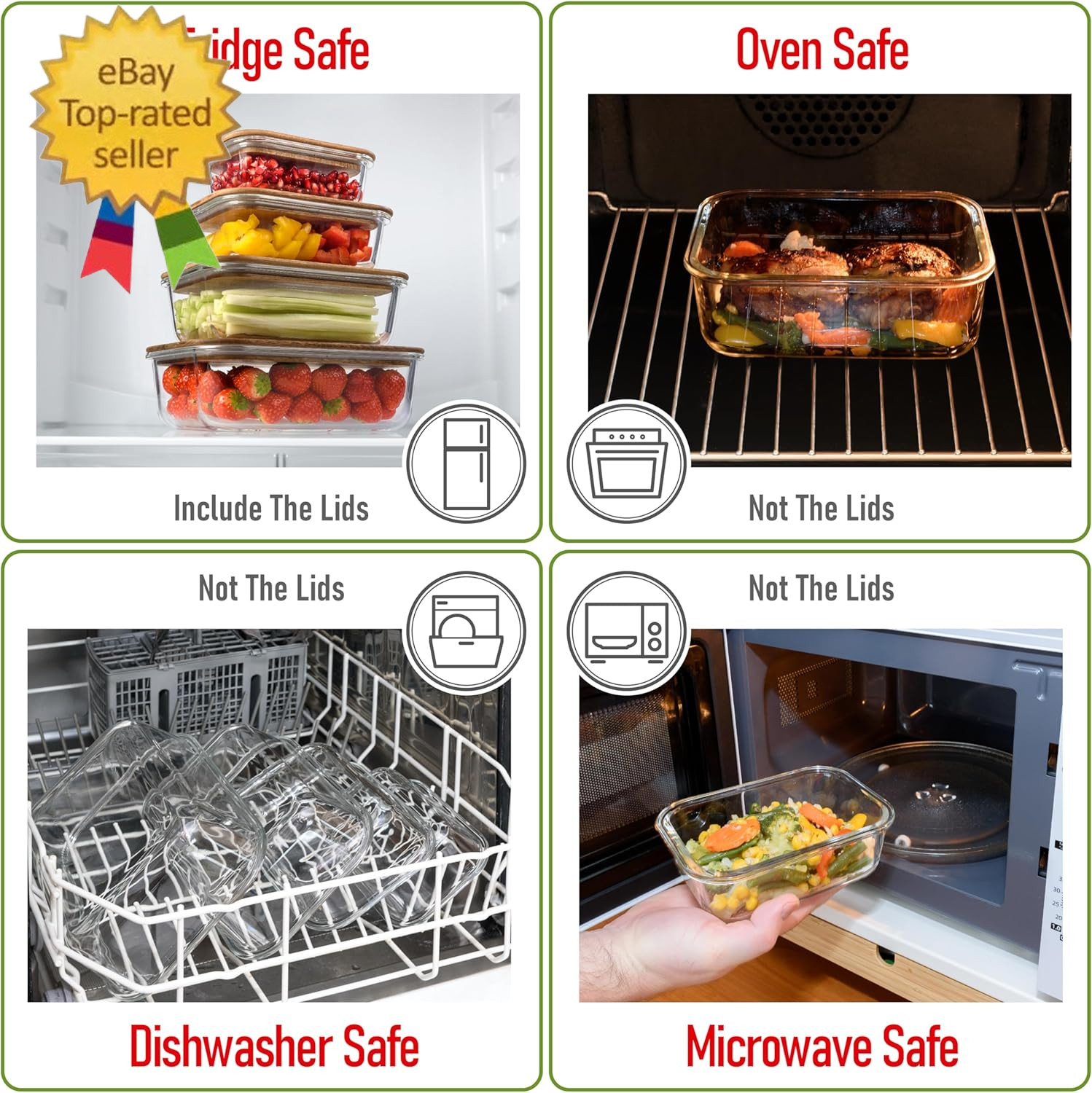 Glass Container Set with Acacia Lids – 4 Stackable Meal Prep Containers. Durable