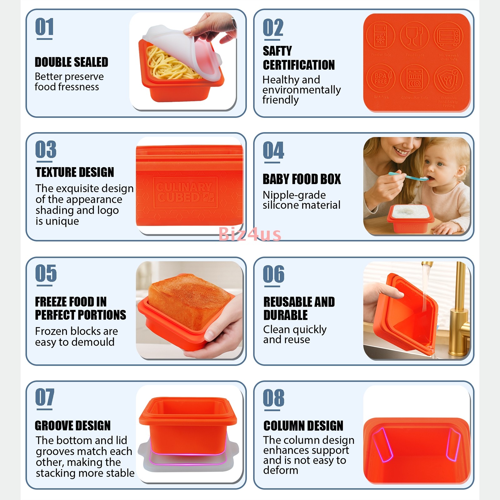 2x CulinaryCubed Silicone Freezer Trays w/ Lid Meal Prep Food Storage Containers