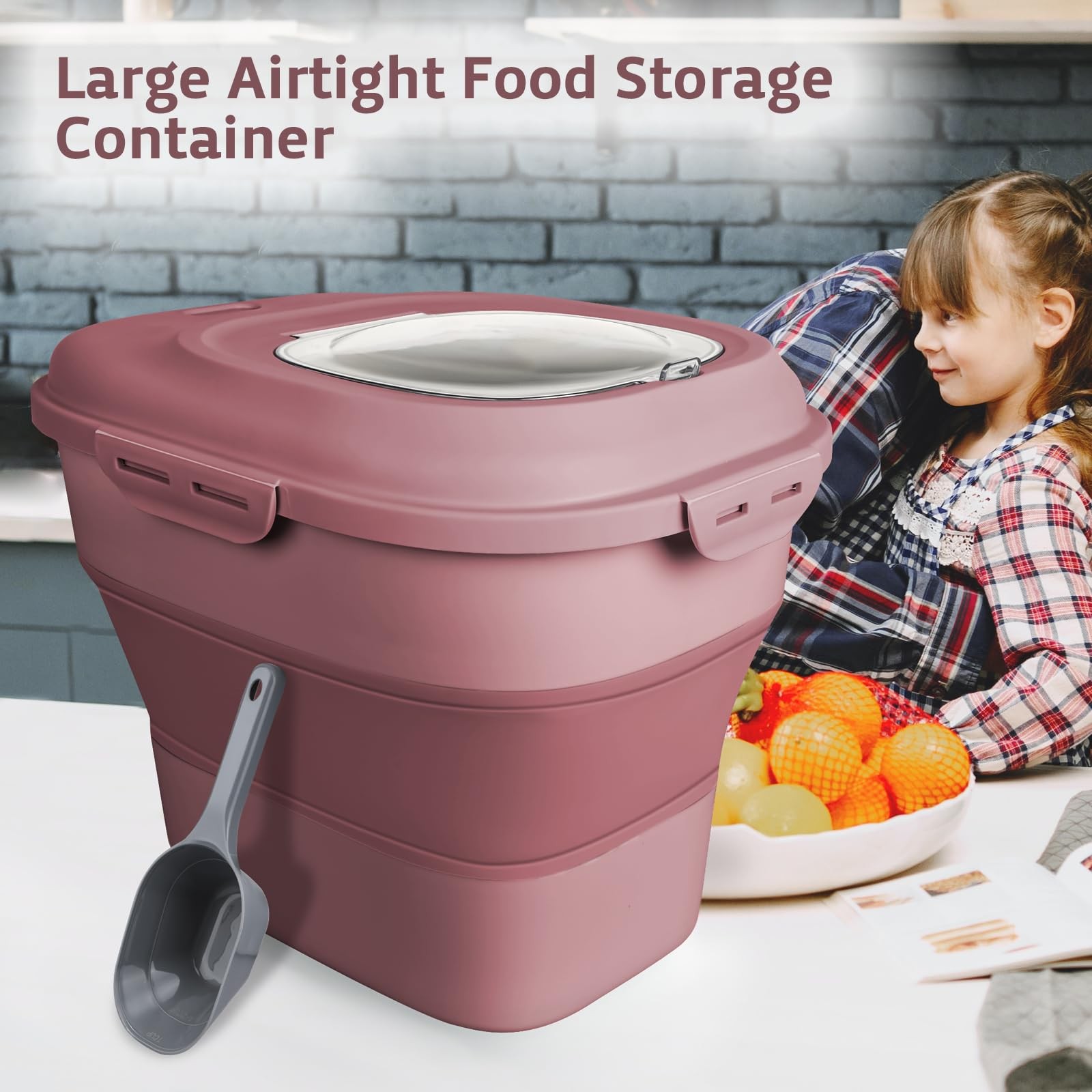 Komzon Rice Storage Bin Cereal Containers, 13-50lb Collapsible Large, Pink