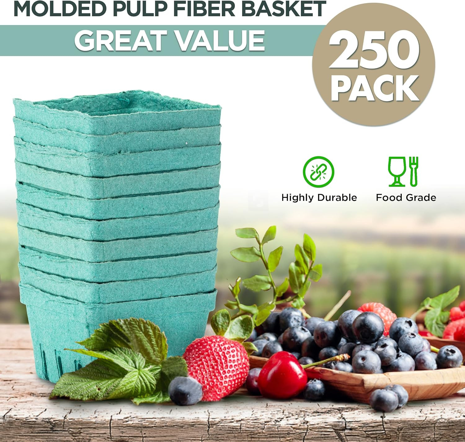 FMP Brands [250 Pack] Pint Green Molded Pulp Fiber Berry Basket Produce Vented C