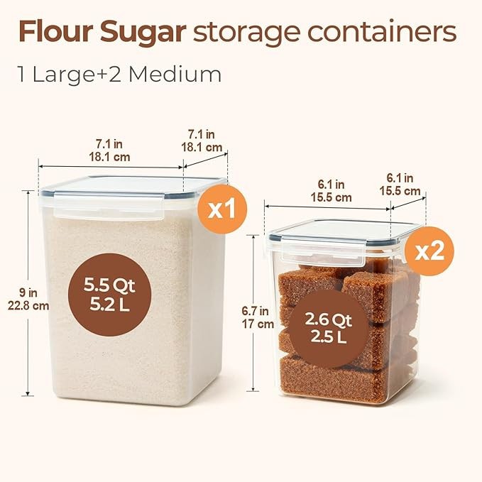 Set of 3 Large Airtight Food Storage Containers with Lids for Kitchen Organizers