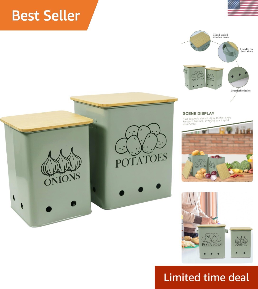 Elegant Vegetable Storage Tins with Flip Top Closure – Set of 2 Grayish Green