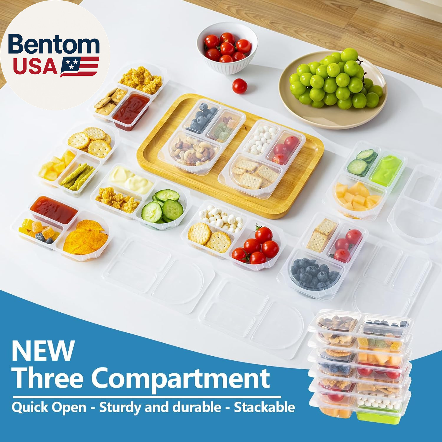 9Oz Reusable Snack Containers with Lids for Kid, New 3 Compartment Large Capacit