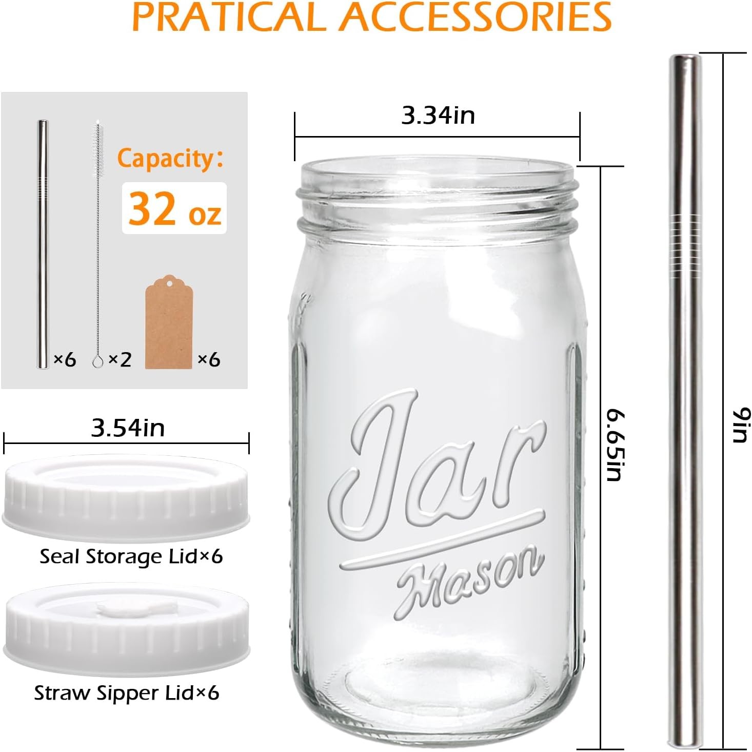 6-Pack Mason Jars Cups W/ Plastic Lids & Straws 32oz Wide Mouth Glass Cups