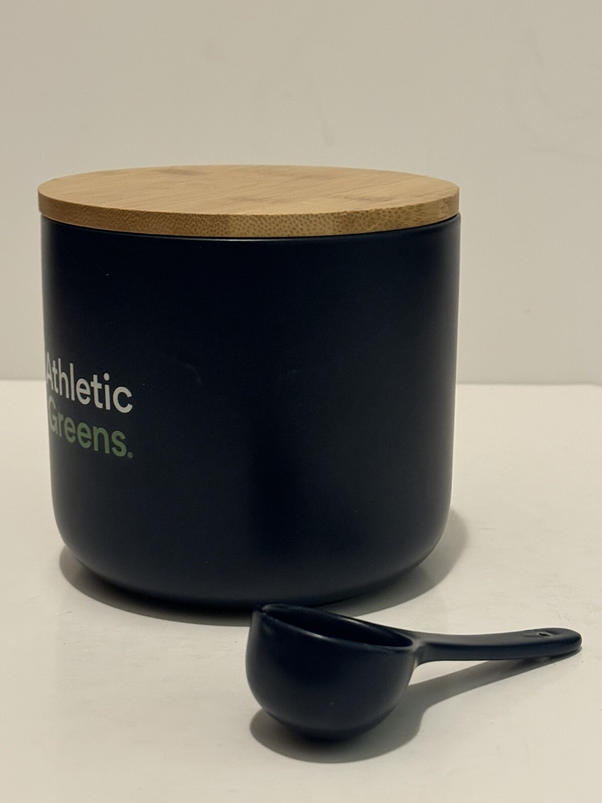 Athletic Greens Ceramic AG1 Blue Storage Container Bin Bamboo Lid 5.25” + Spoon