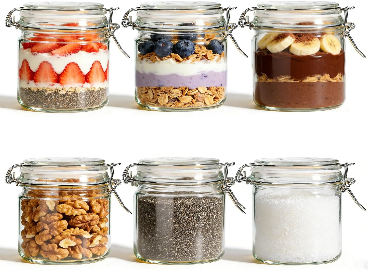 ComSaf 17oz Overnight Oats Containers with Lids 6-Pack, Wide Mouth Glass Jars fo