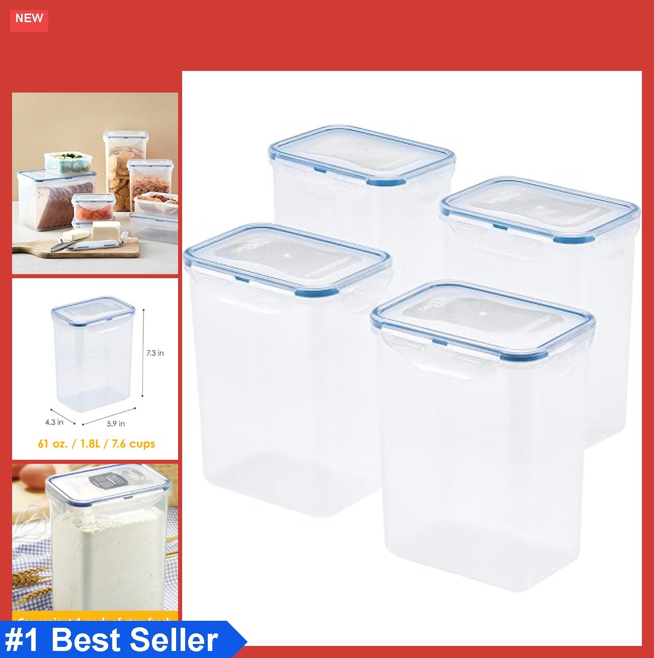 Airtight Food Storage Container 7.6 Cup 4 Piece Rectangular Clear Plastic