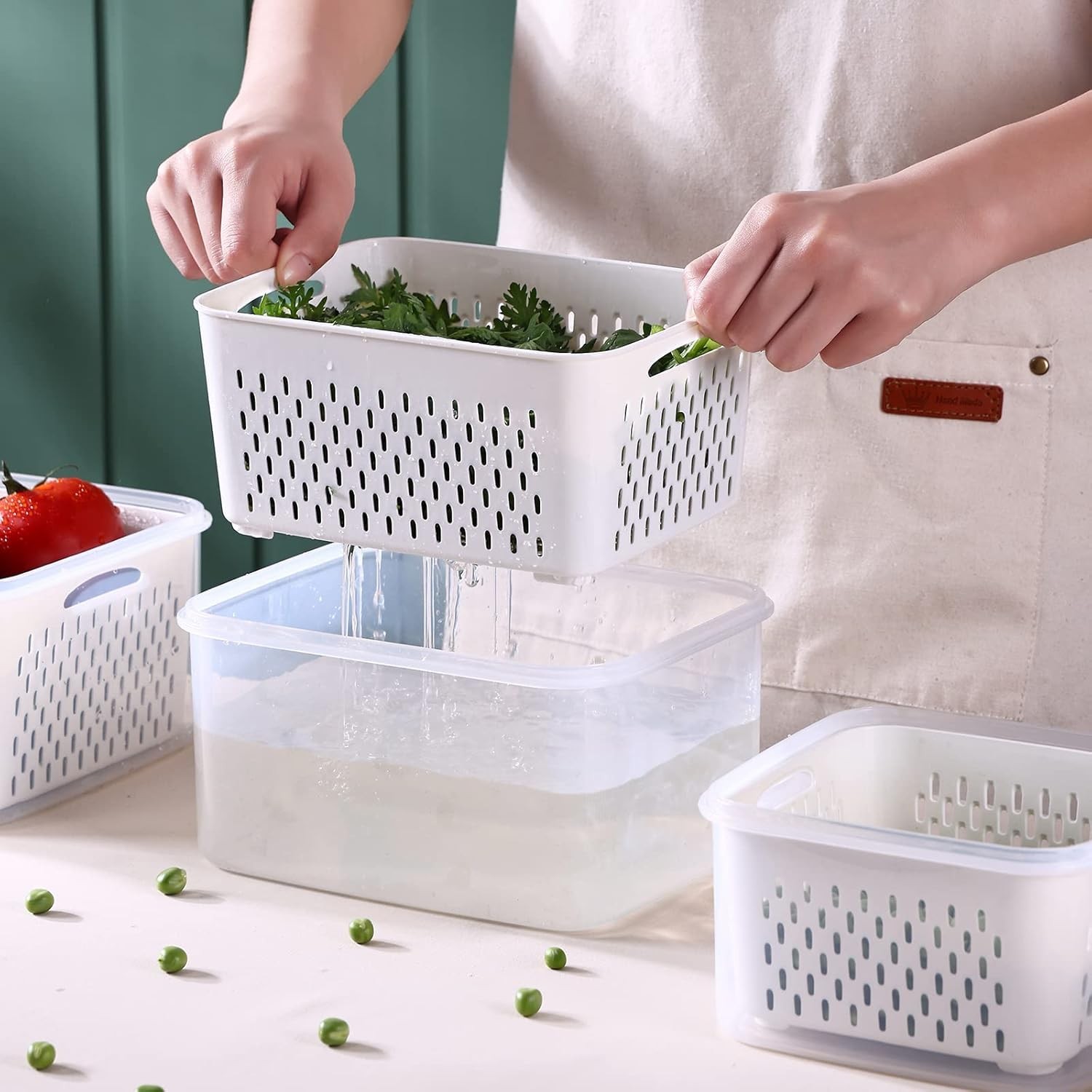 Large Fridge Food Storage Container Set with Lids with Strainer, Fruit Vegeta…