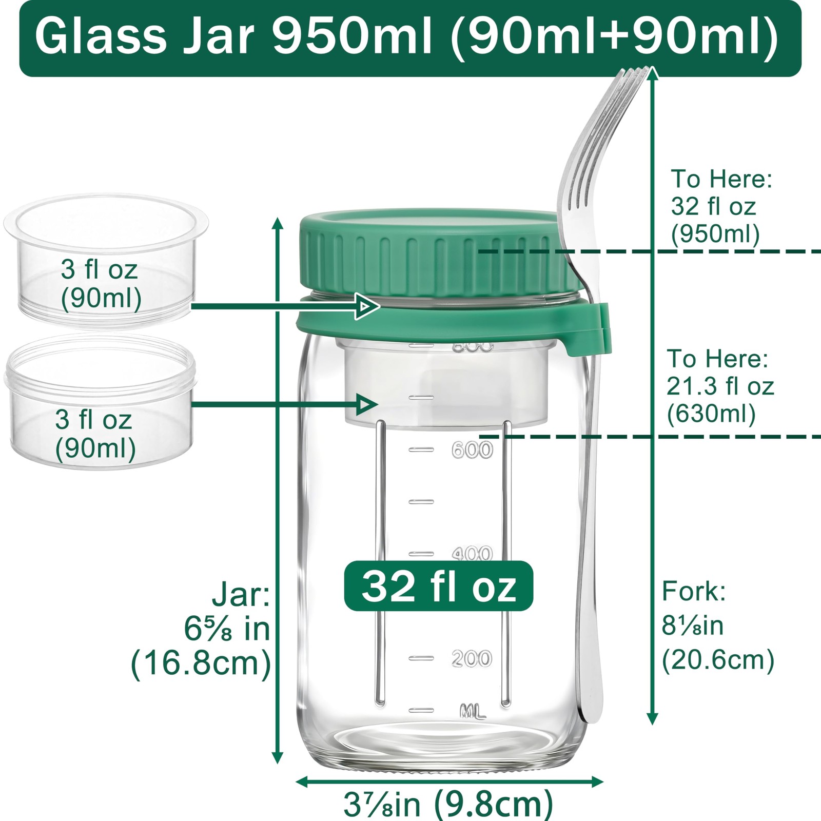 Danmu 32 oz Salad Jars with 2 Dressing Cups & Forks – Glass Mason Jar Meal Pr…